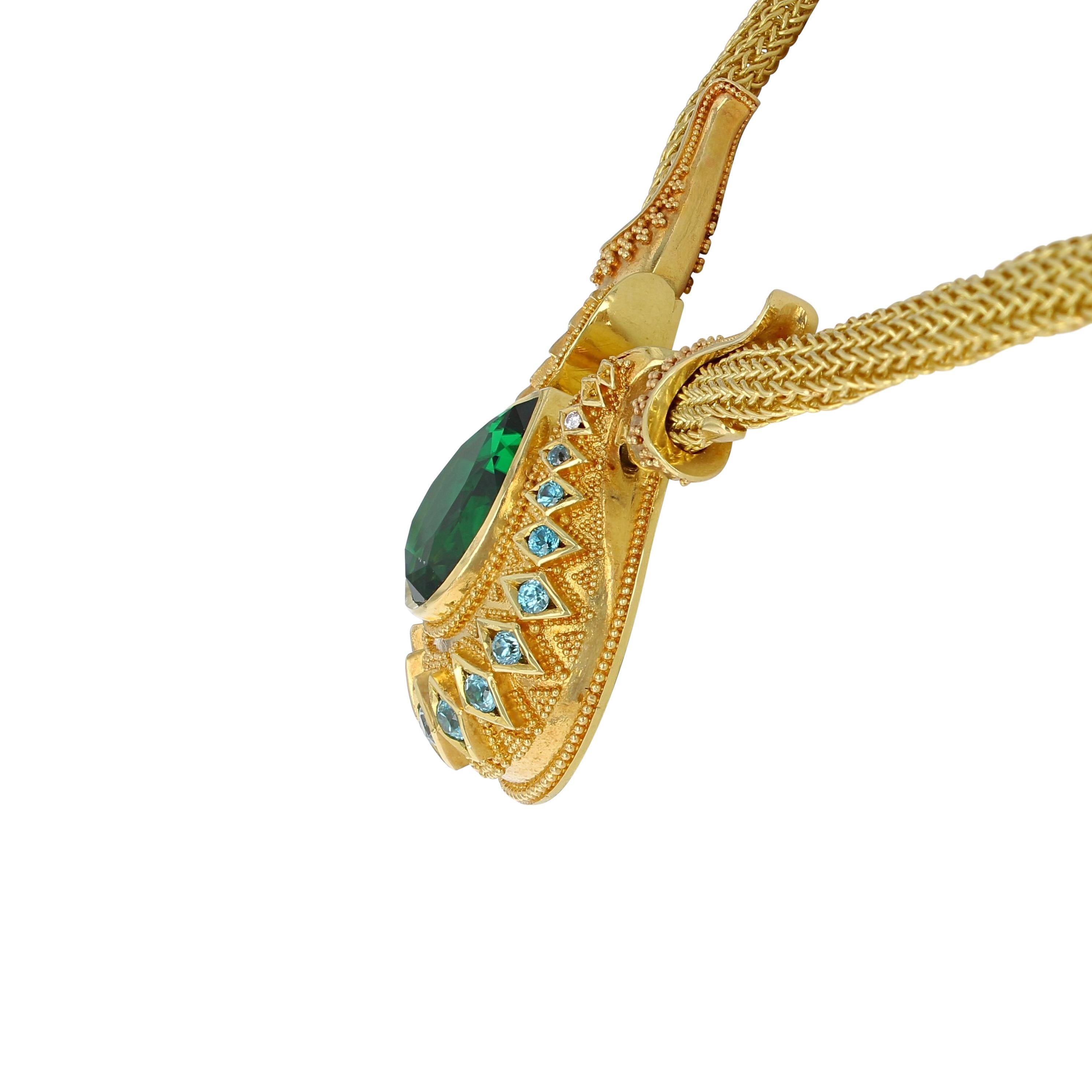 Artisan Kent Raible Chrome Tourmaline Drop Necklace, 18k gold granulation, woven chain For Sale