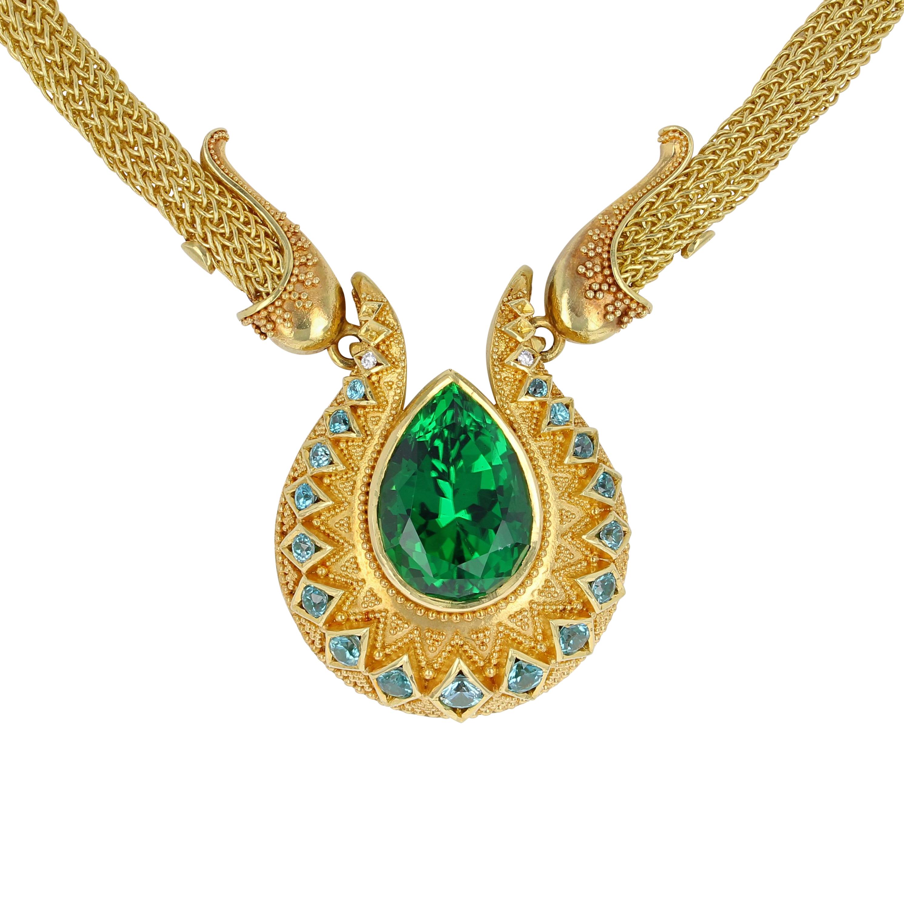 Pear Cut Kent Raible Chrome Tourmaline Drop Necklace, 18k gold granulation, woven chain For Sale