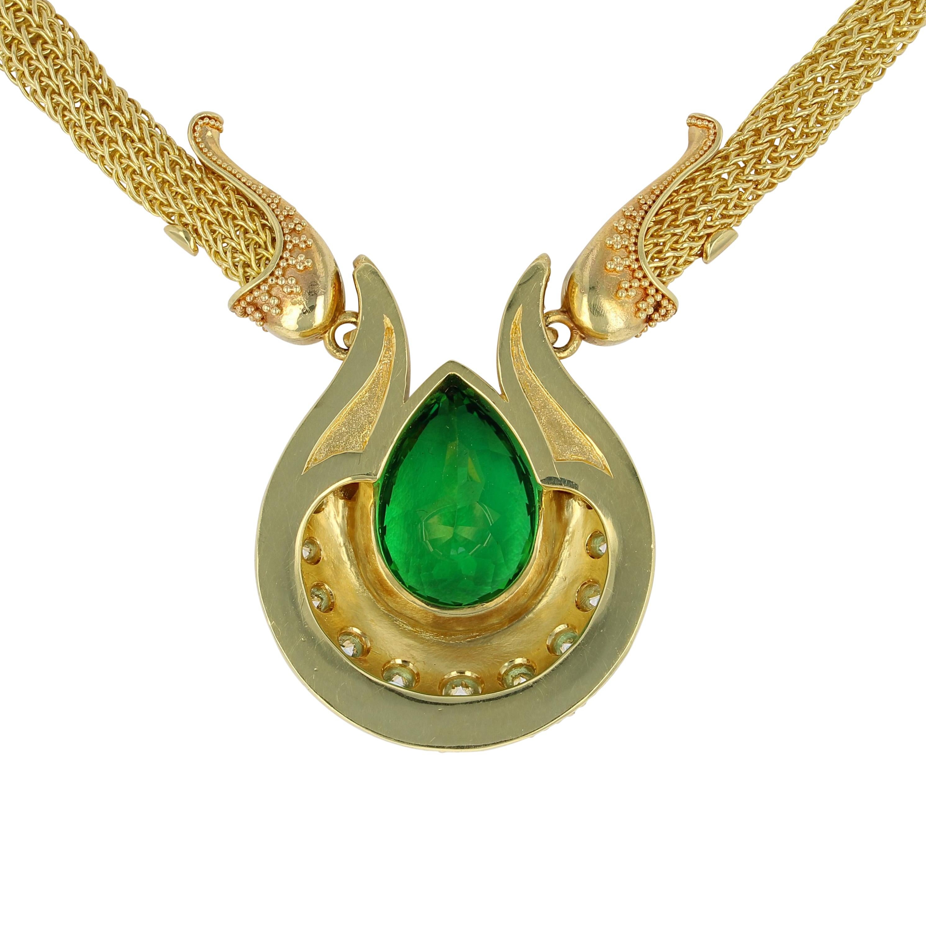 Kent Raible Chrome Tourmaline Drop Necklace, 18k gold granulation, woven chain In New Condition For Sale In Mossrock, WA