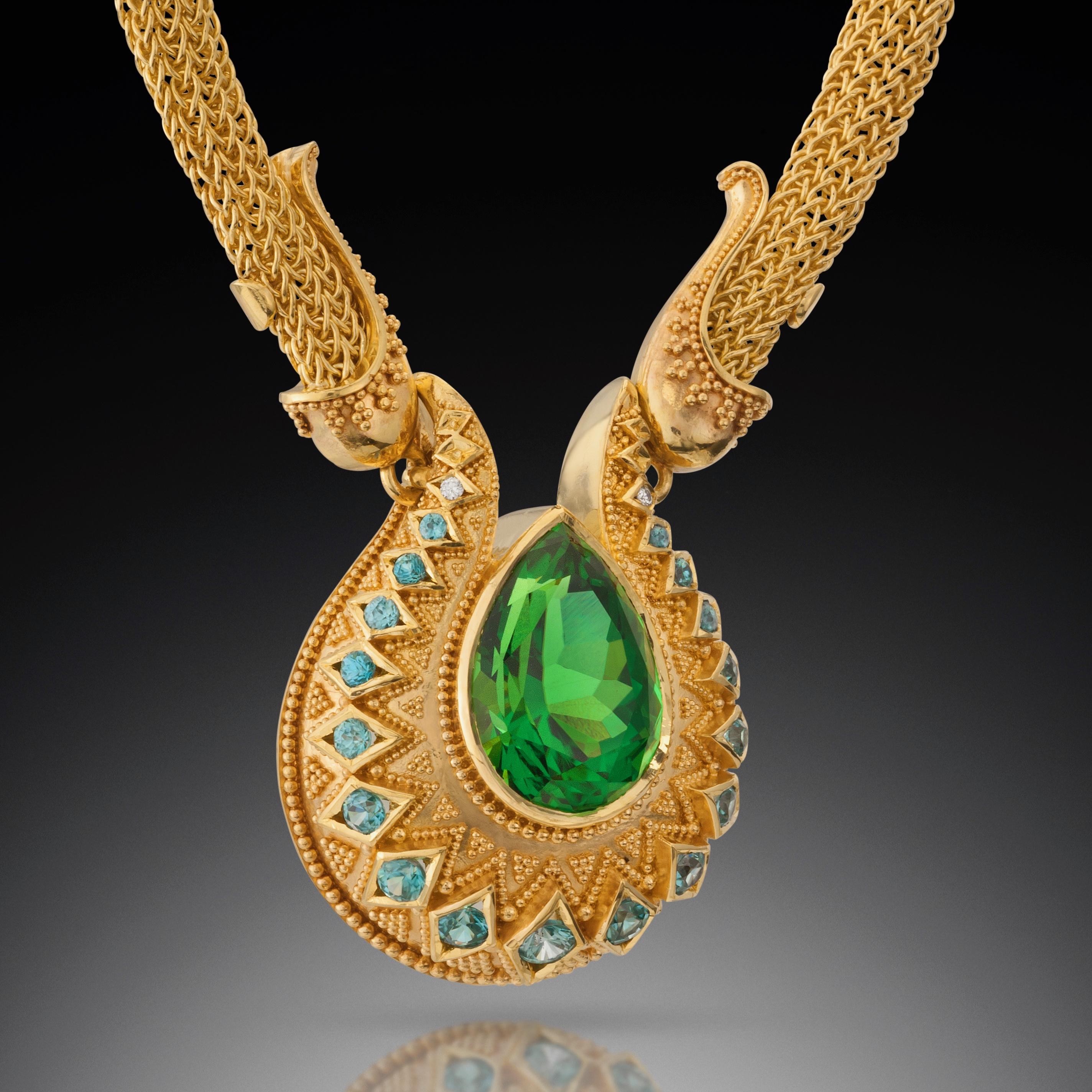 Kent Raible Chrome Tourmaline Drop Necklace, 18k gold granulation, woven chain For Sale 1