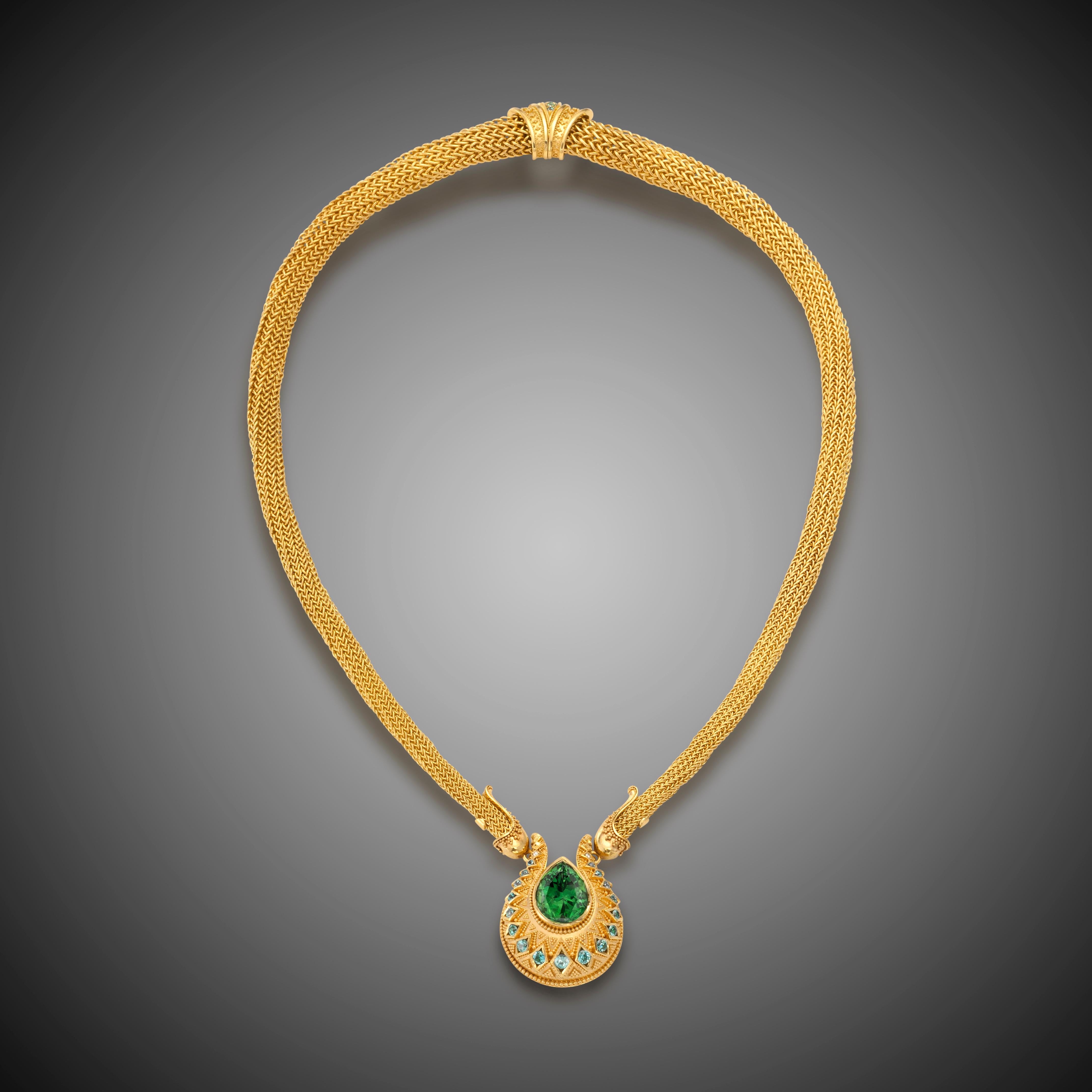 Women's or Men's Kent Raible Chrome Tourmaline Drop Necklace, 18k gold granulation, woven chain For Sale