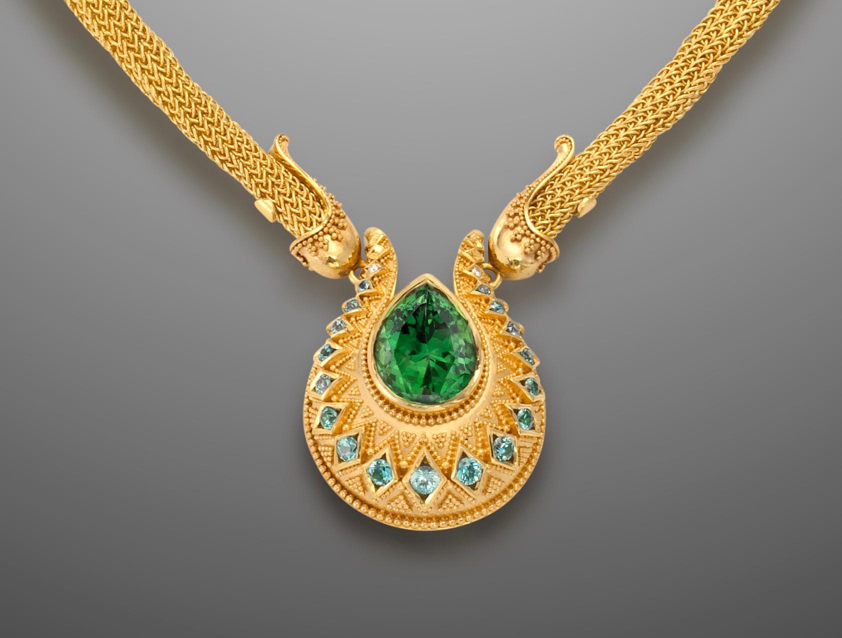 Kent Raible Chrome Tourmaline Drop Necklace, 18k gold granulation, woven chain For Sale 2