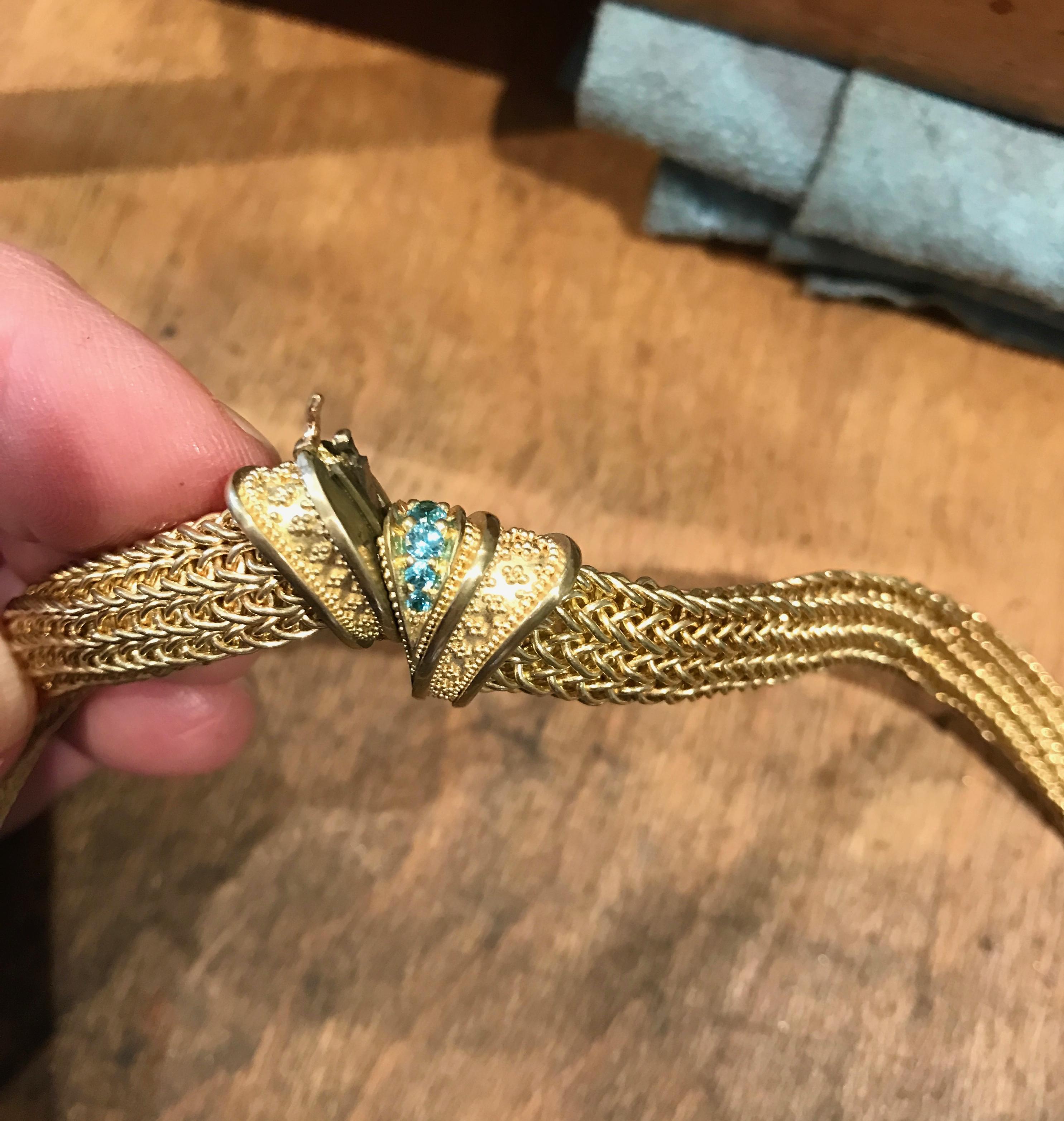 Kent Raible Chrome Tourmaline Drop Necklace, 18k gold granulation, woven chain For Sale 4