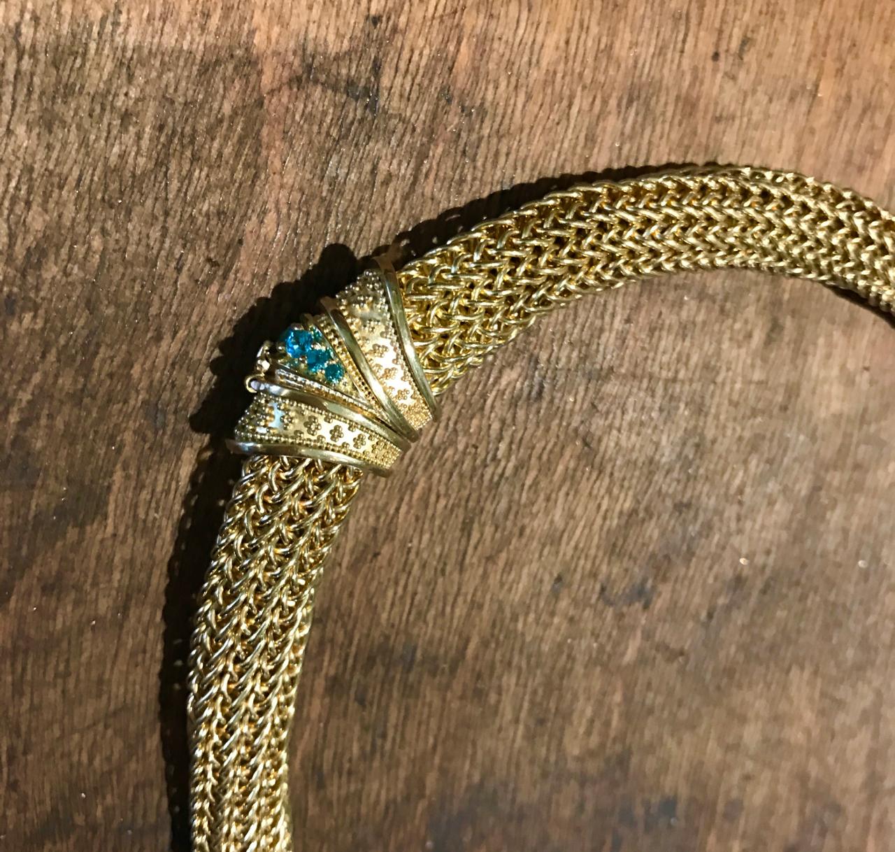 Kent Raible Chrome Tourmaline Drop Necklace, 18k gold granulation, woven chain For Sale 5