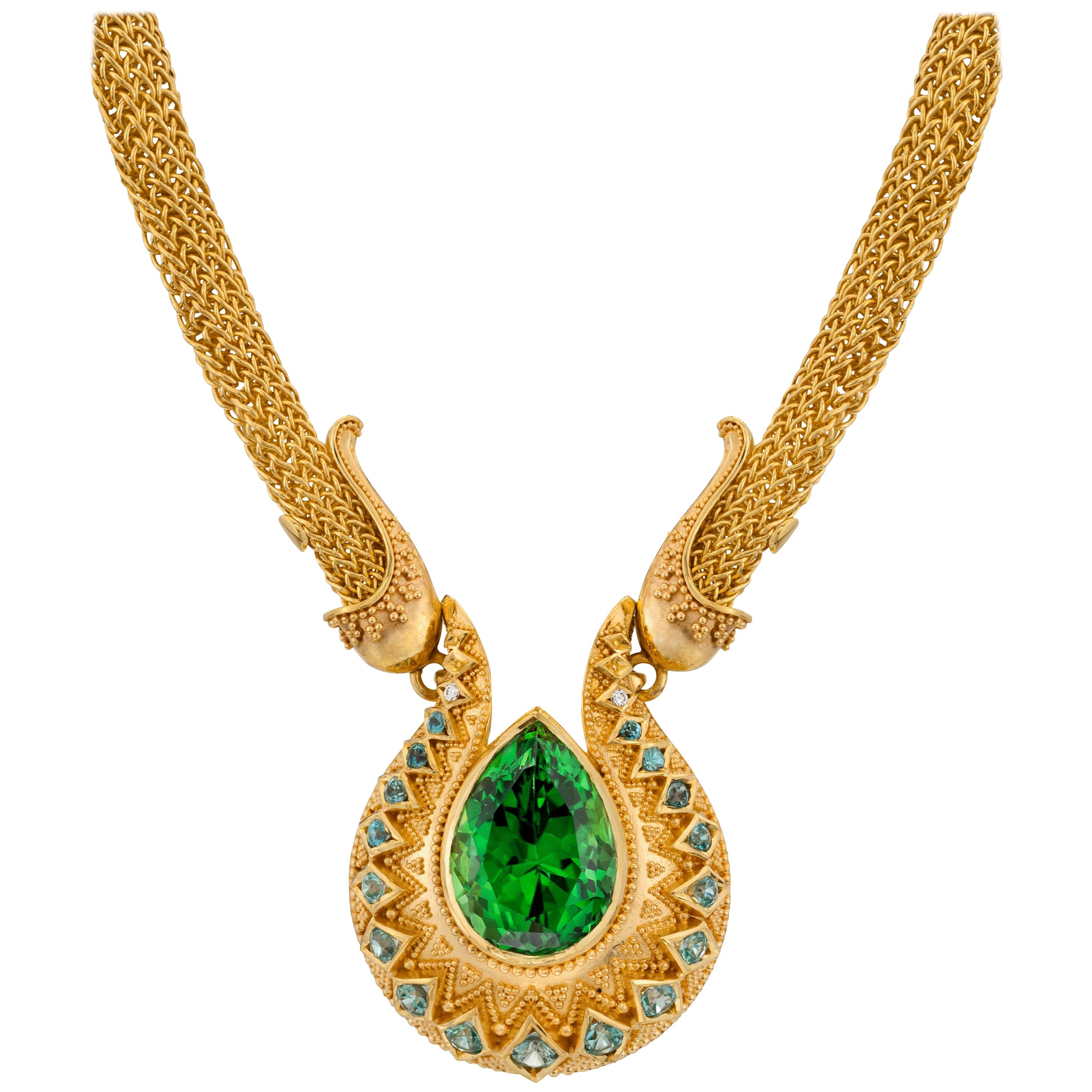 Kent Raible Chrome Tourmaline Drop Necklace, 18k gold granulation, woven chain For Sale