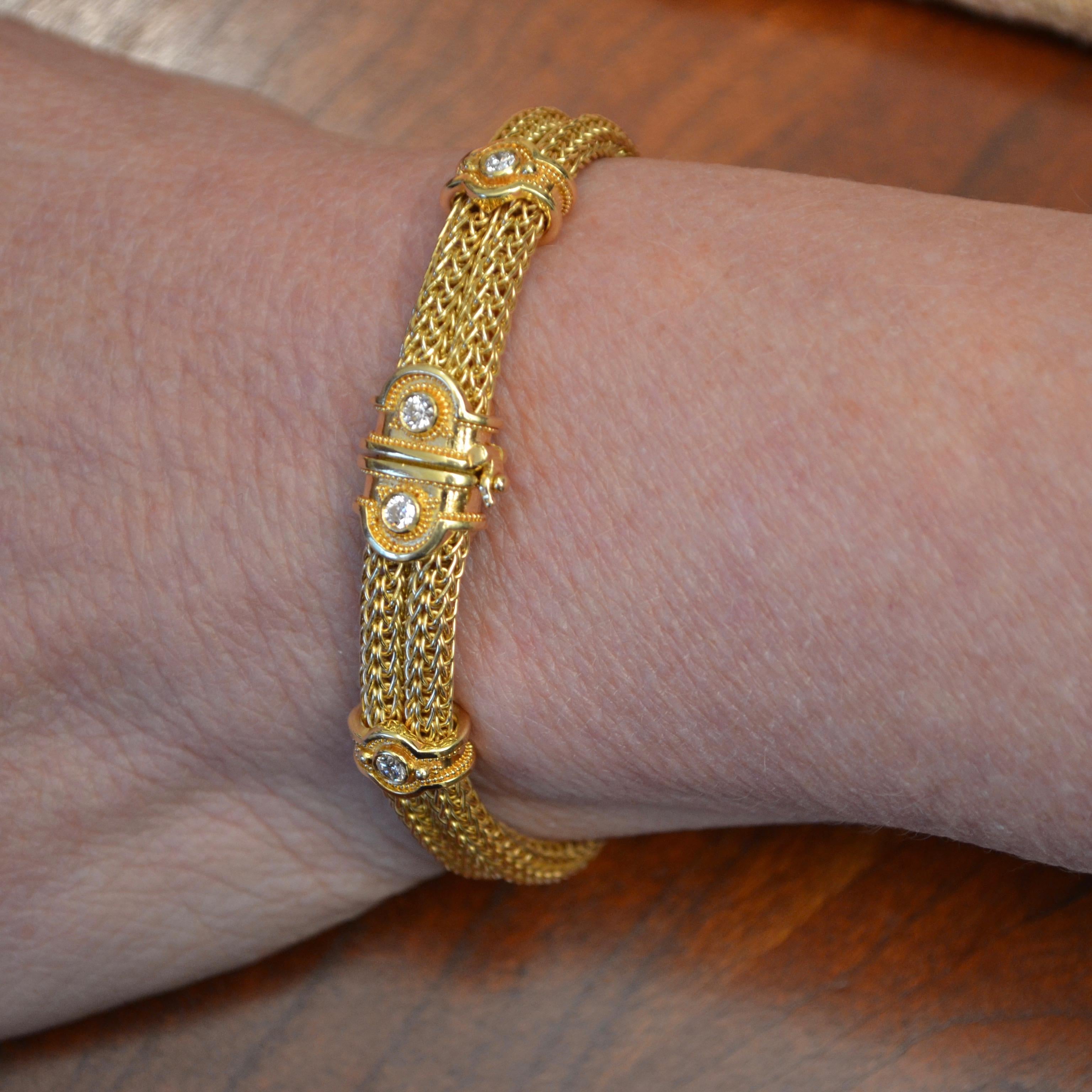 Kent Raible Double Woven Chain Bracelet with Diamonds and Gold Granulation For Sale 5