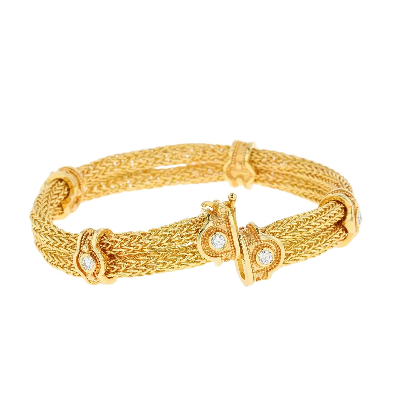 Contemporary Kent Raible Double Woven Chain Bracelet with Diamonds and Gold Granulation For Sale