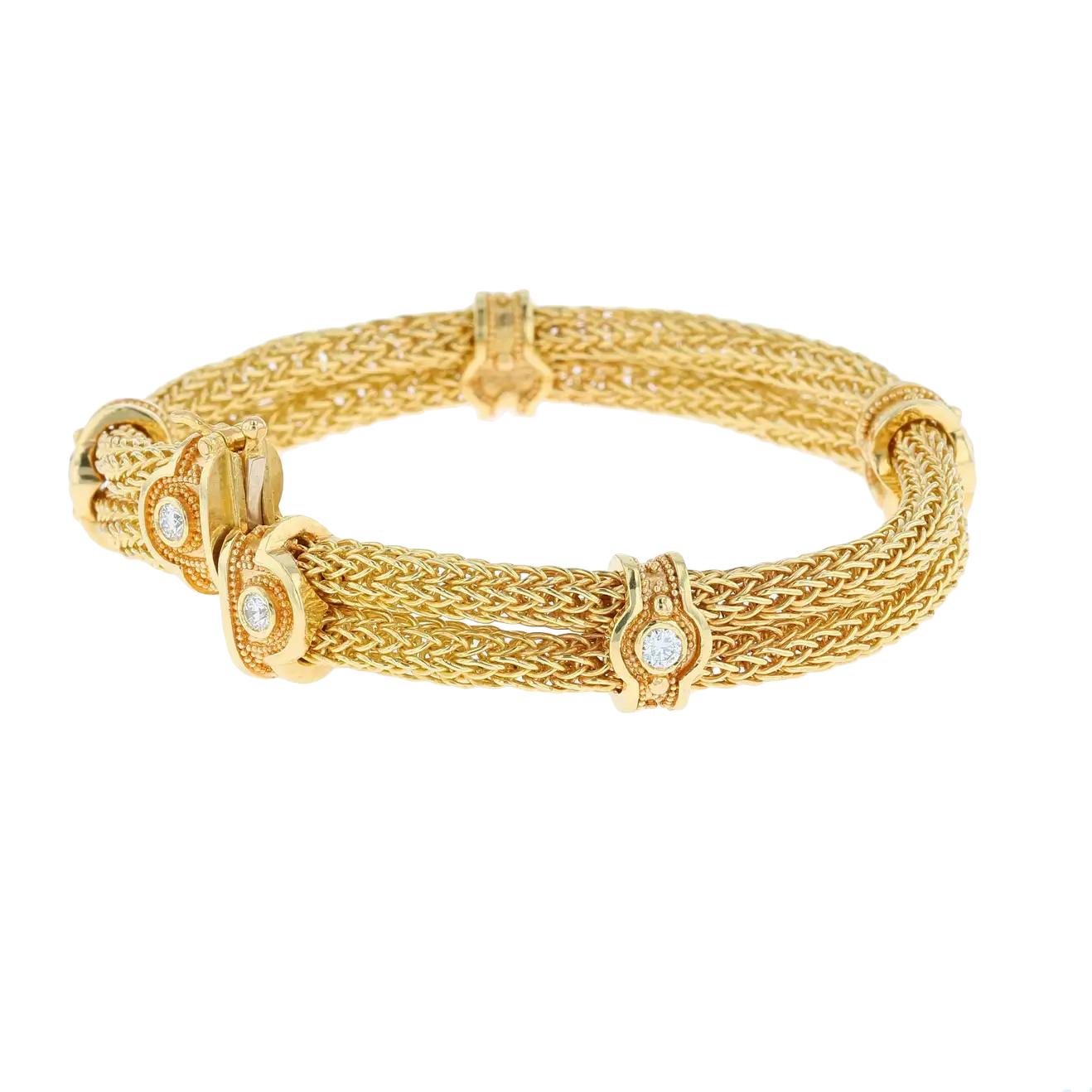 Women's or Men's Kent Raible Double Woven Chain Bracelet with Diamonds and Gold Granulation For Sale