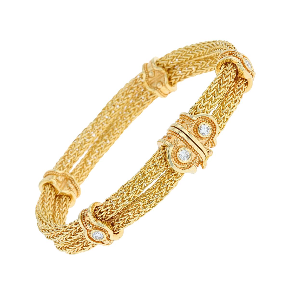 Kent Raible Bracelet à double chaîne tissée avec granulation en or et diamants