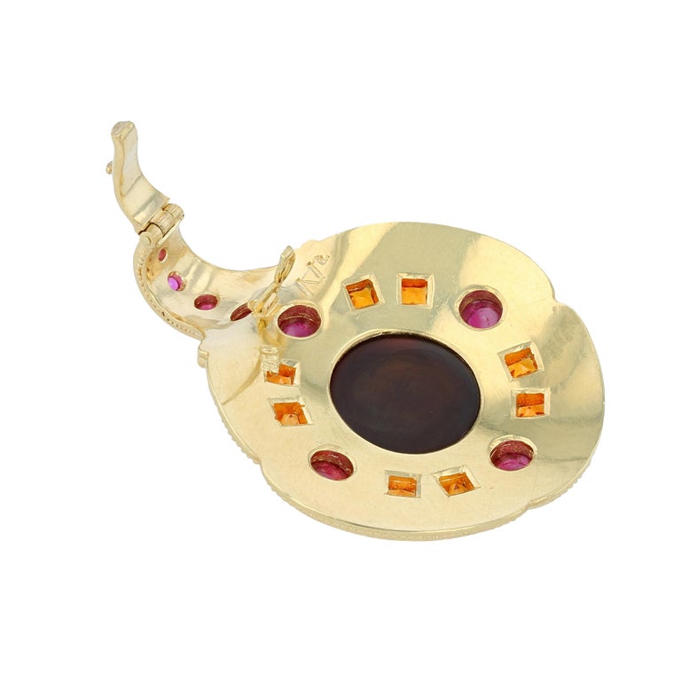 Round Cut Kent Raible Fire Agate, Ruby and Garnet Necklace Enhancer 18k Gold Granulation For Sale