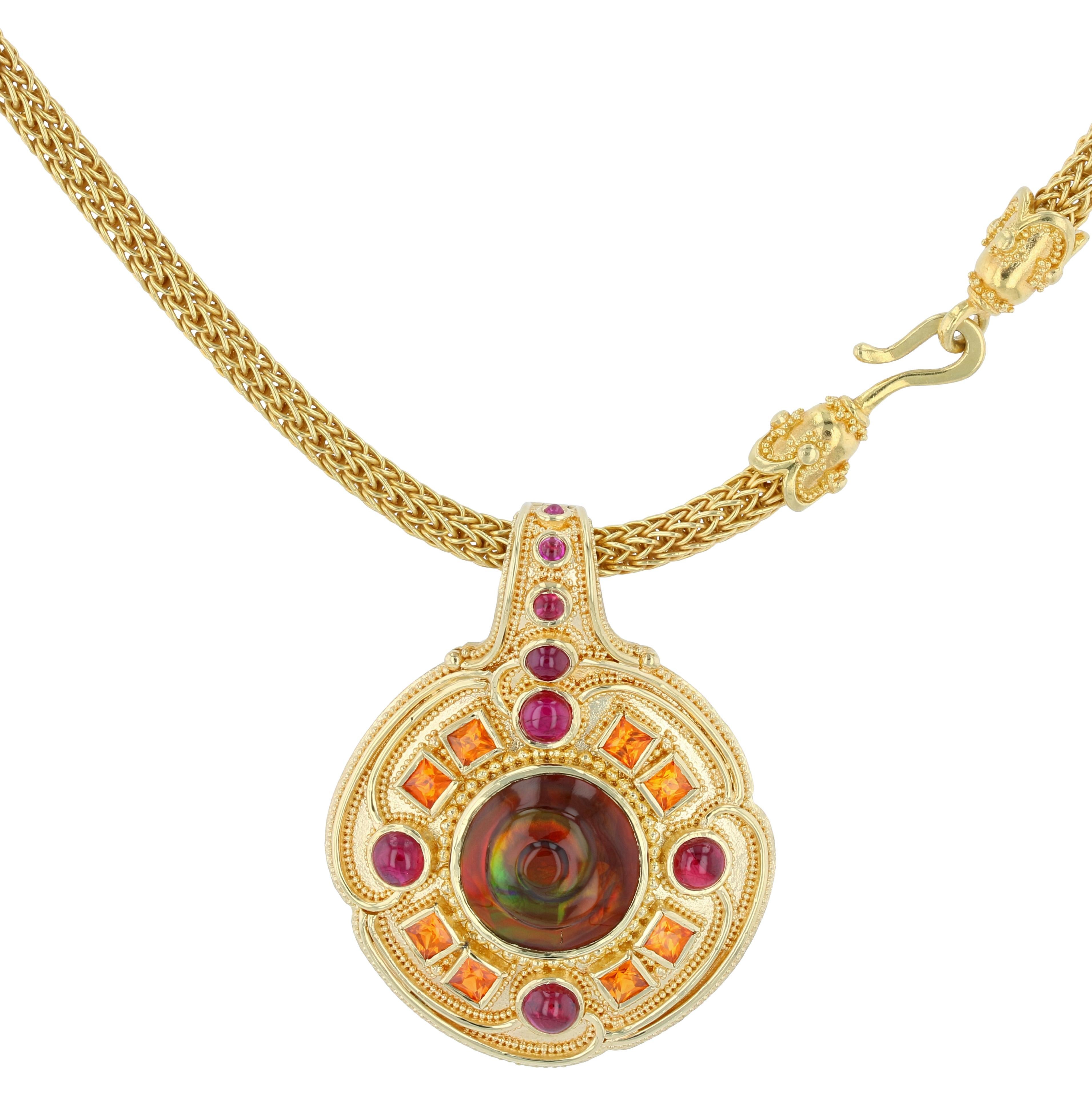Contemporary Kent Raible Fire Agate, Ruby and Garnet Necklace Enhancer 18k Gold Granulation For Sale