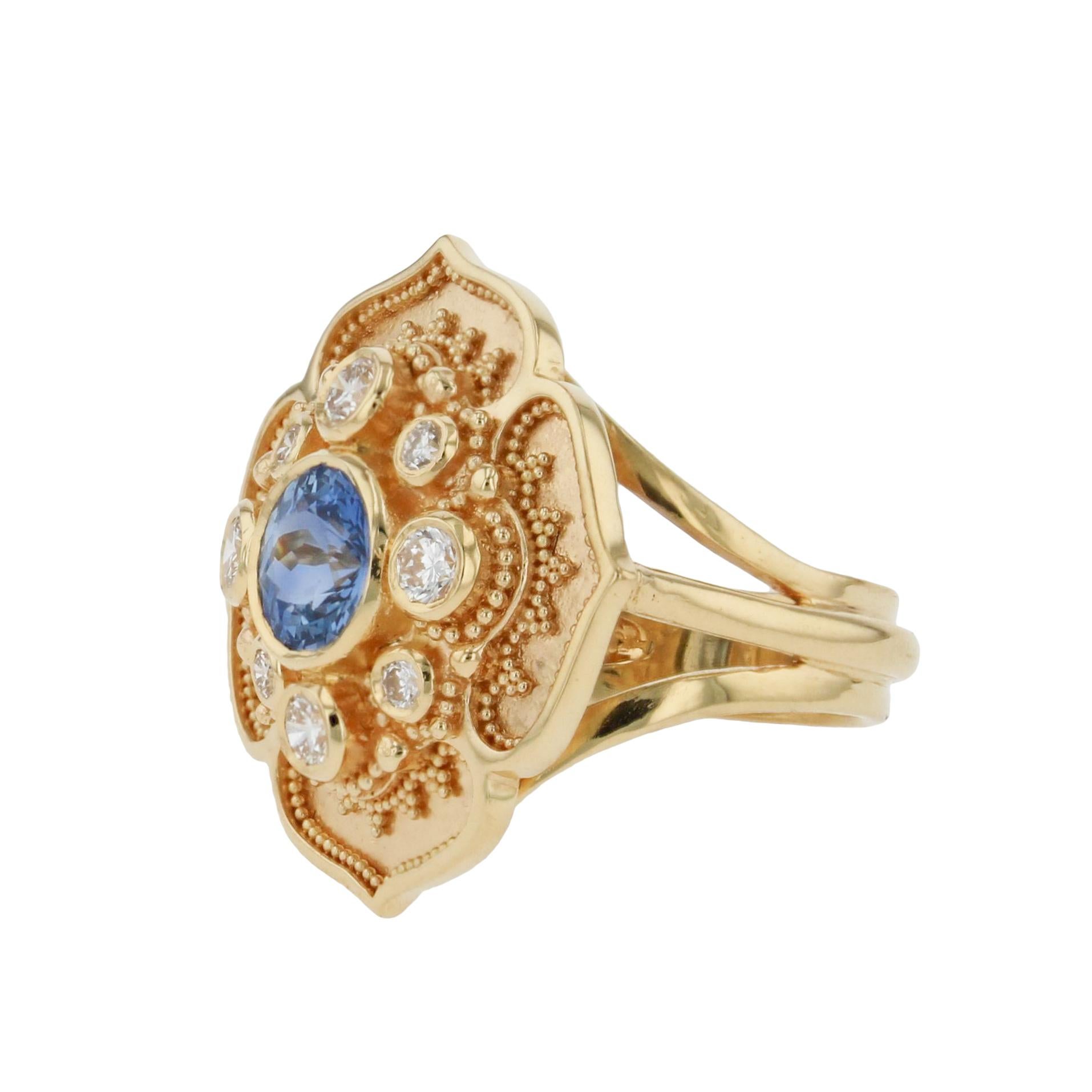 Kent Raible Flower Cocktail Ring, 18karat Gold Granulation, Sapphire, Diamond For Sale 3
