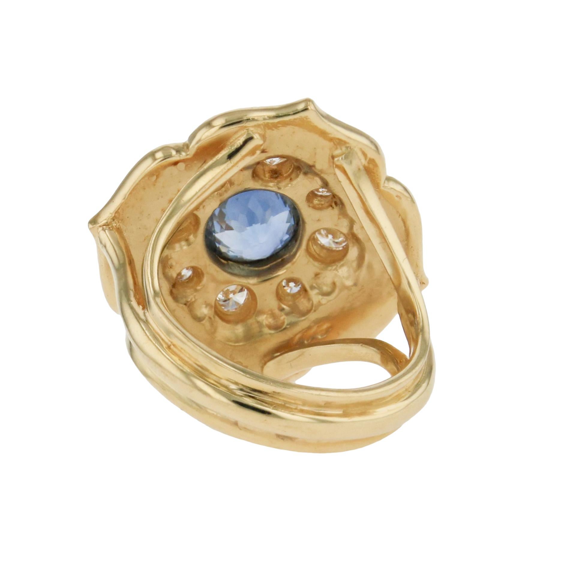 Artisan Kent Raible Flower Cocktail Ring, 18karat Gold Granulation, Sapphire, Diamond For Sale