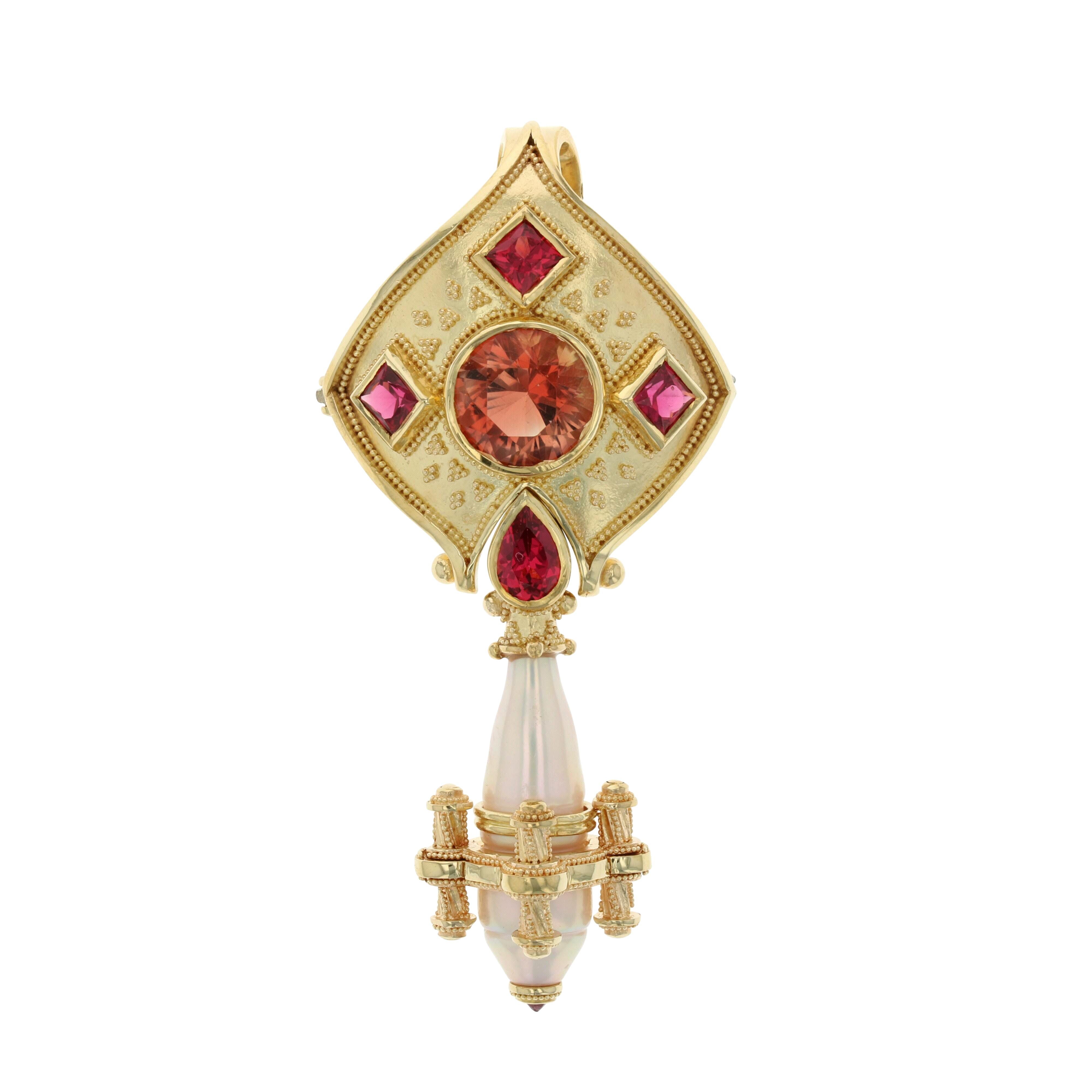 Artisan Kent Raible 'Golden Key' Pedant, Brooch 18 Karat Gold Granulation Pearl Spinel For Sale