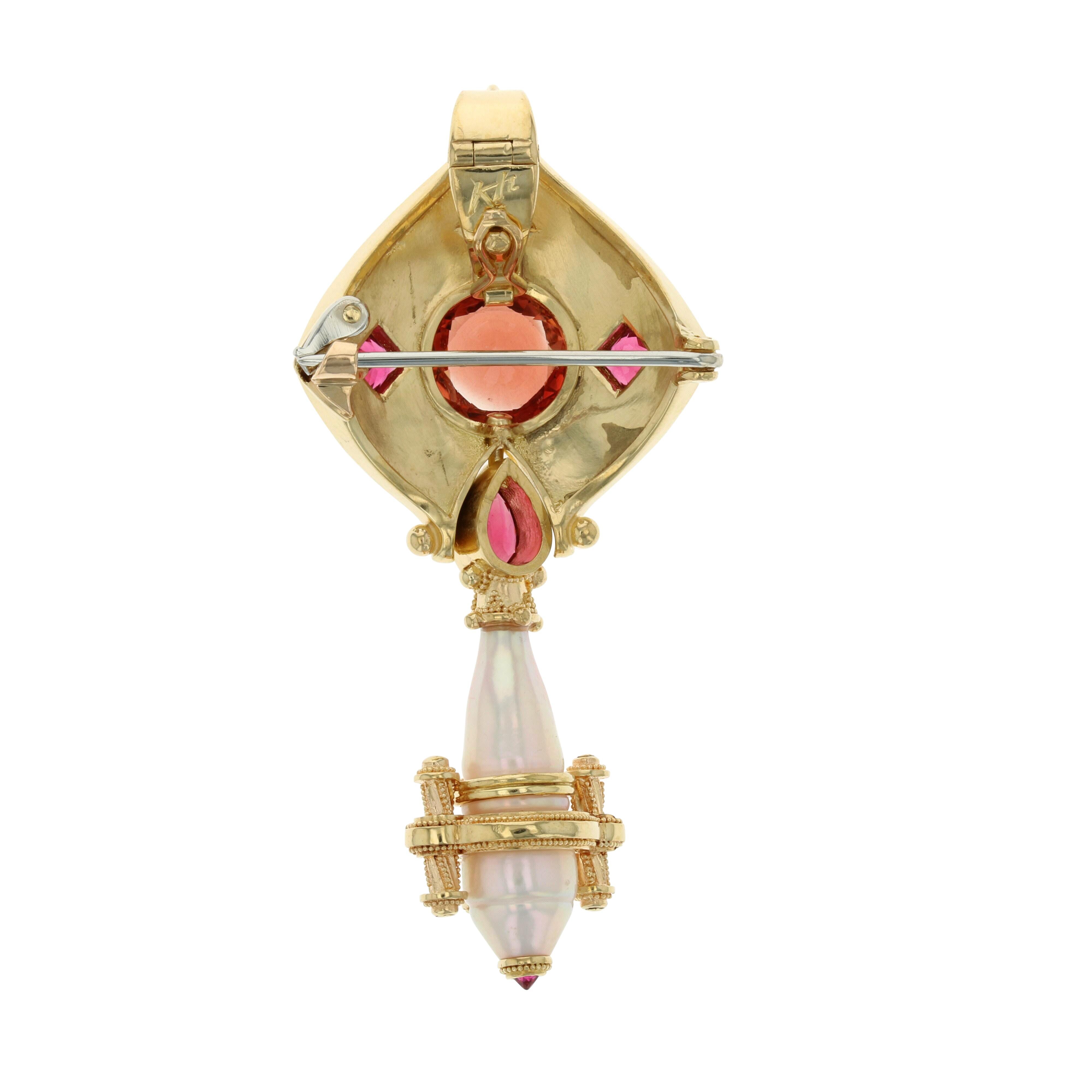 Kent Raible 'Golden Key' Pedant, Brooch 18 Karat Gold Granulation Pearl Spinel In New Condition For Sale In Mossrock, WA