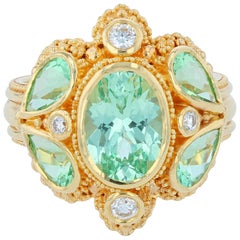 Kent Raible Green Garnet Cocktail Ring with Diamonds, 18 Karat Gold Granulation