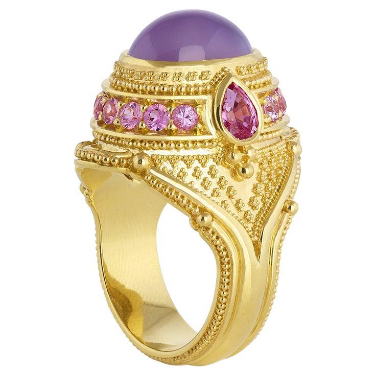 Kent Raible Holly Agate, Pink Sapphire 18 Karat Gold Granulation Cocktail Ring