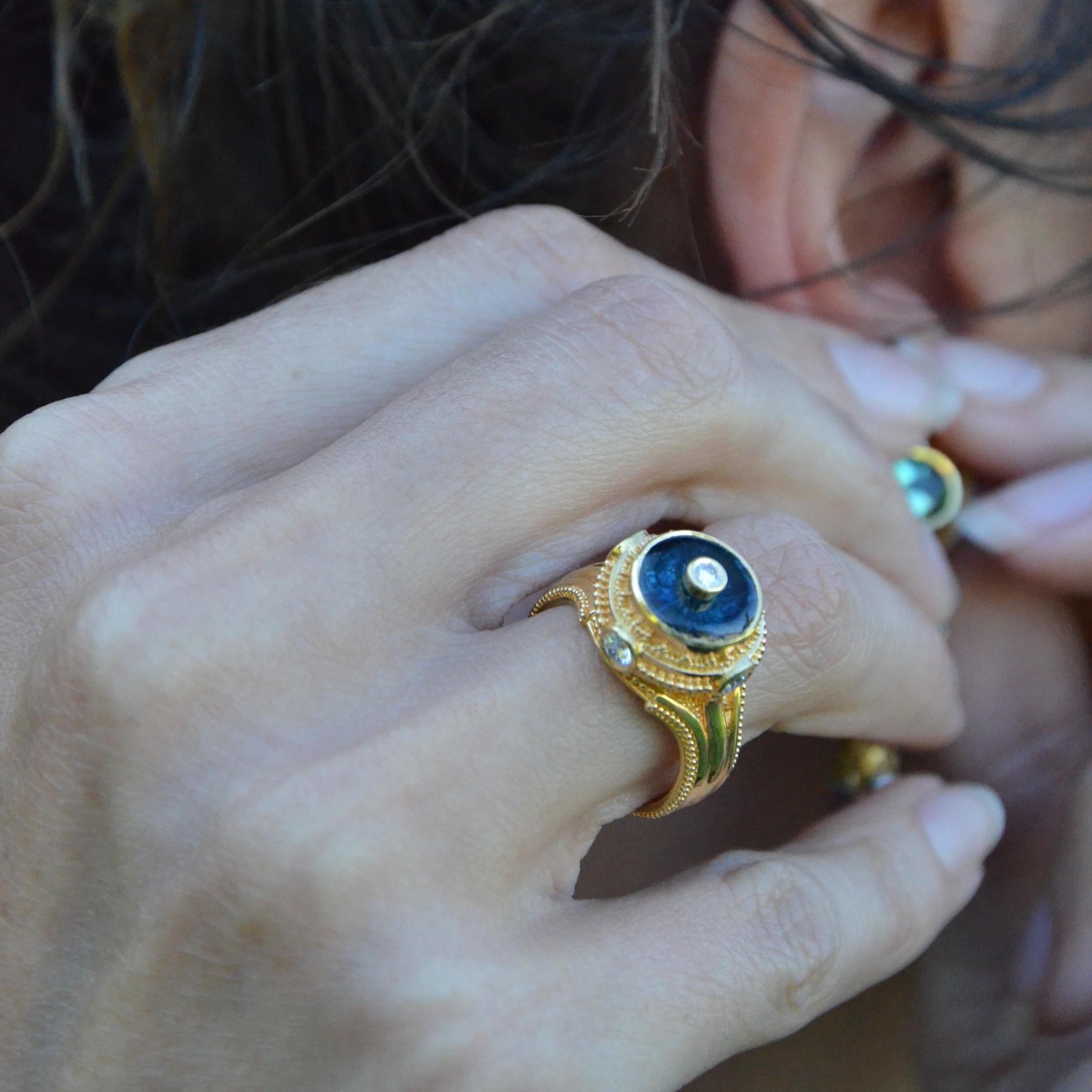 da uomo o donna Tormalina Indicolite di Kent Raible, Diamante, Granulazione d'Oro 18K  Anello da cocktail in vendita