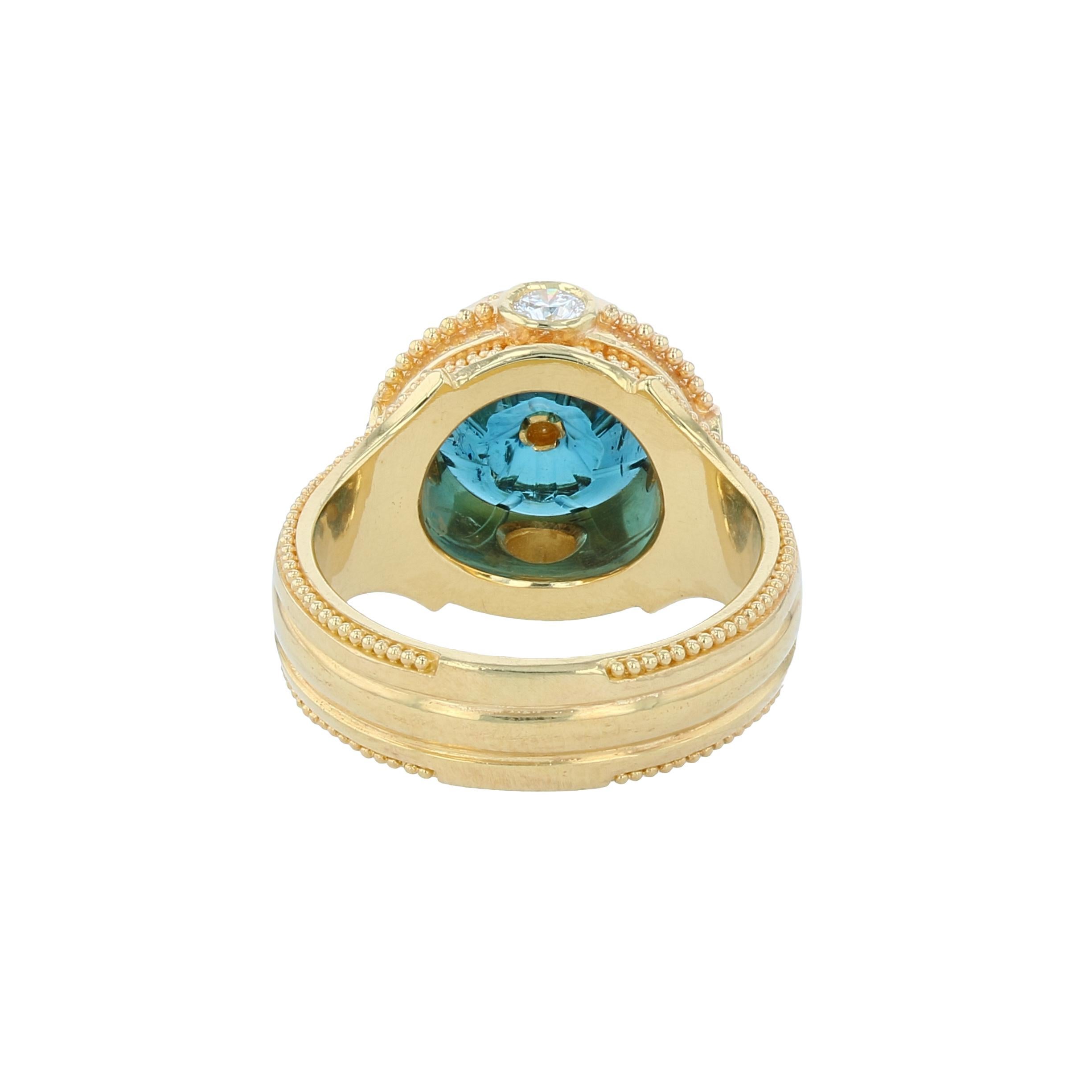 Artisan Kent Raible Indicolite Tourmaline, Diamond, 18K Gold Granulation  Cocktail Ring For Sale