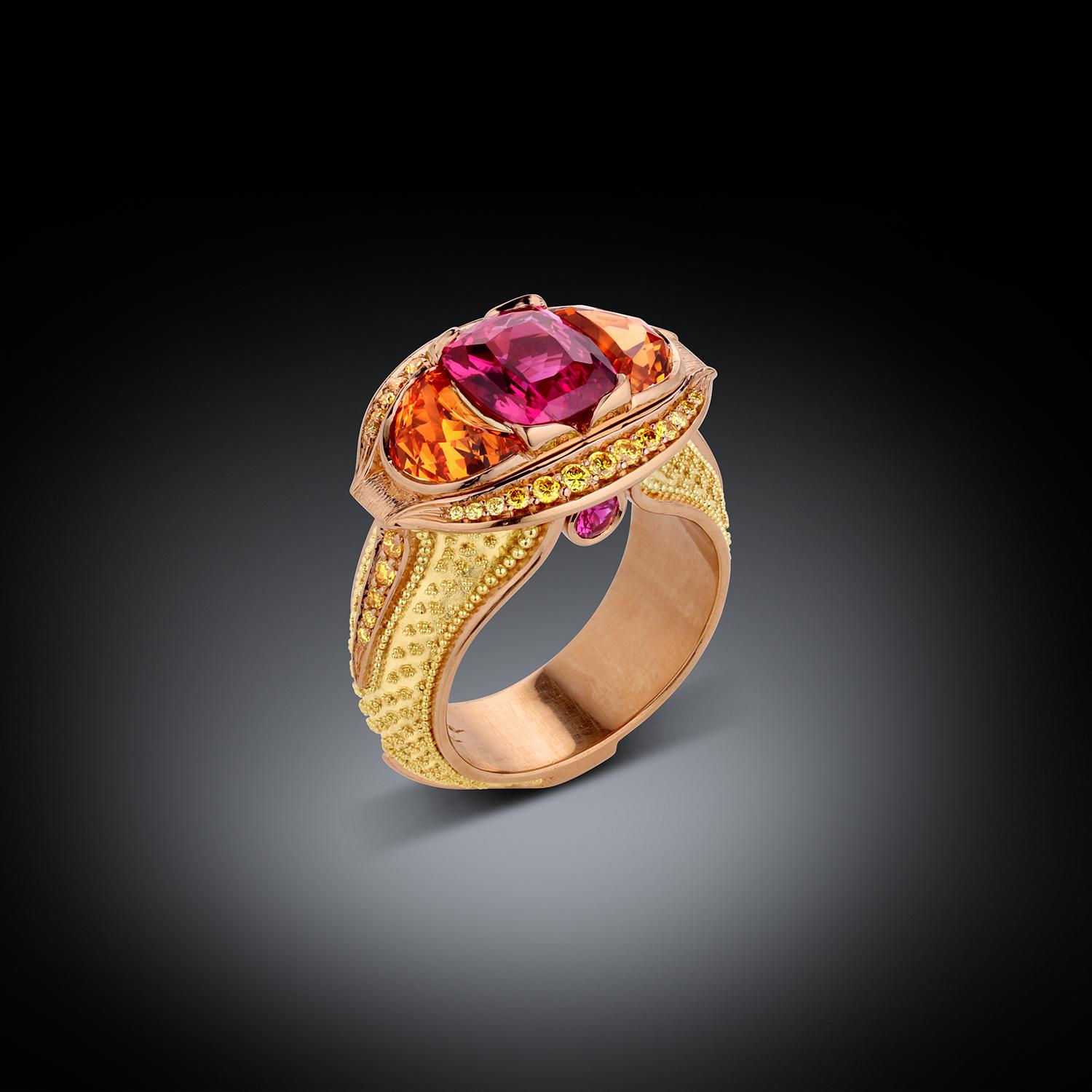 Kent Raible Magenta Sapphire, Yellow Diamond, Spessartite Ring with Granulation For Sale 5