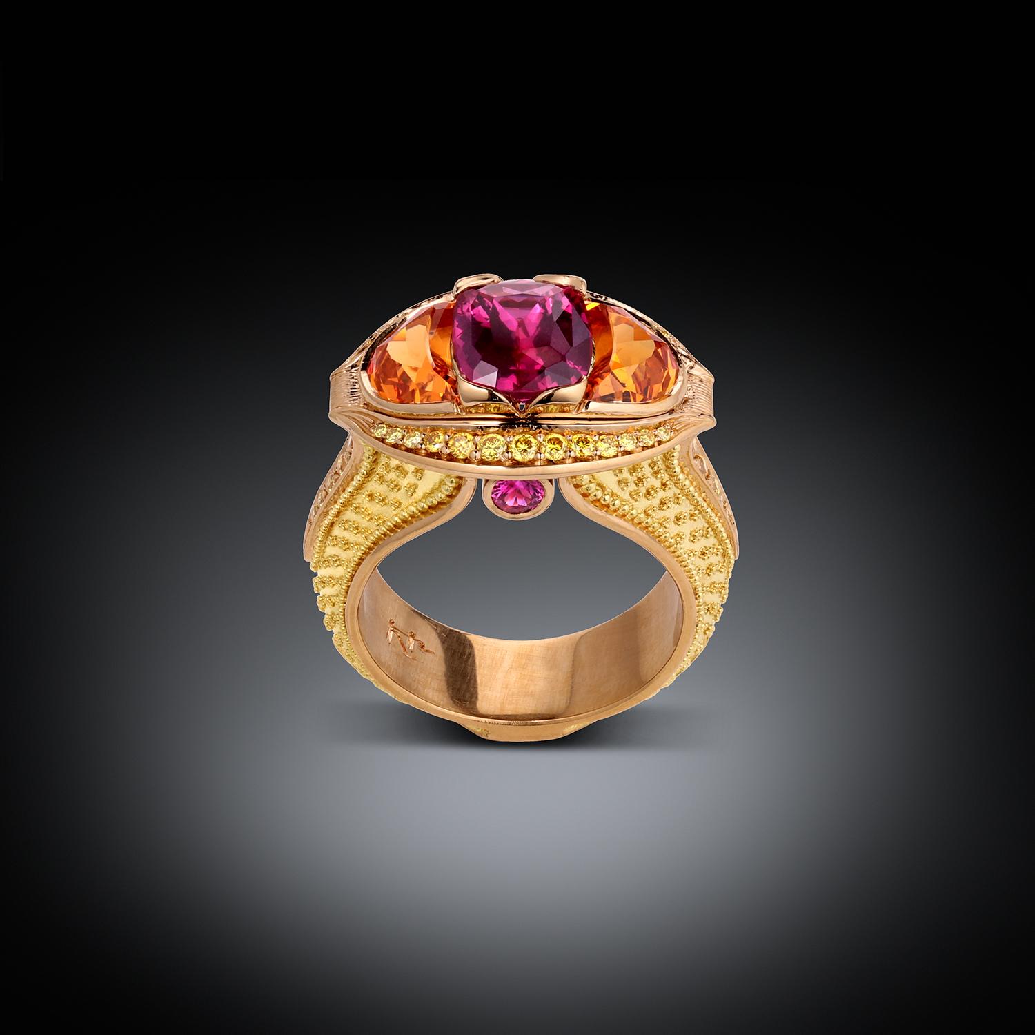 Kent Raible Magenta Sapphire, Yellow Diamond, Spessartite Ring with Granulation For Sale 6