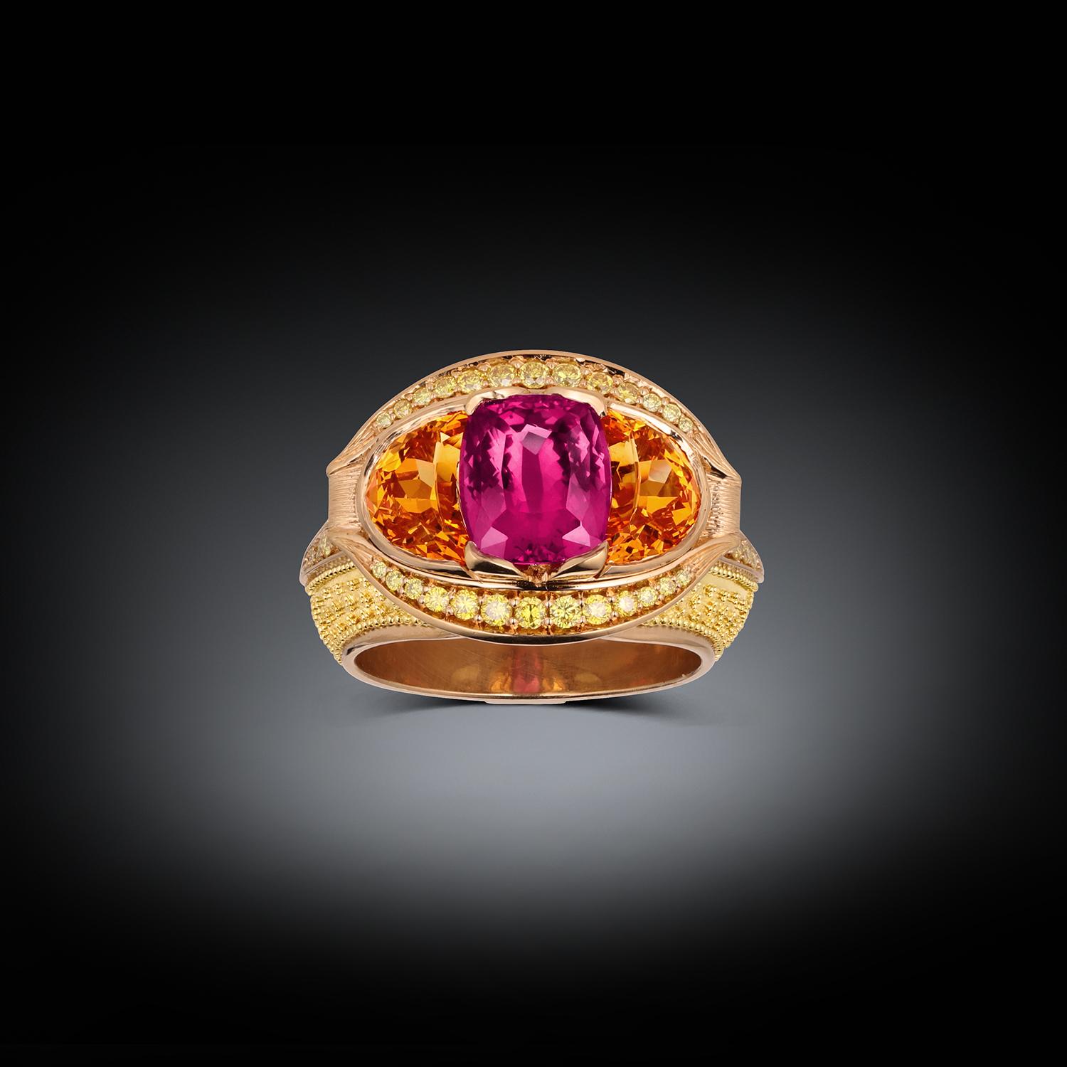 Kent Raible Magenta-Saphir, gelber Diamant, Spessartit-Ring mit Granulation im Angebot 7