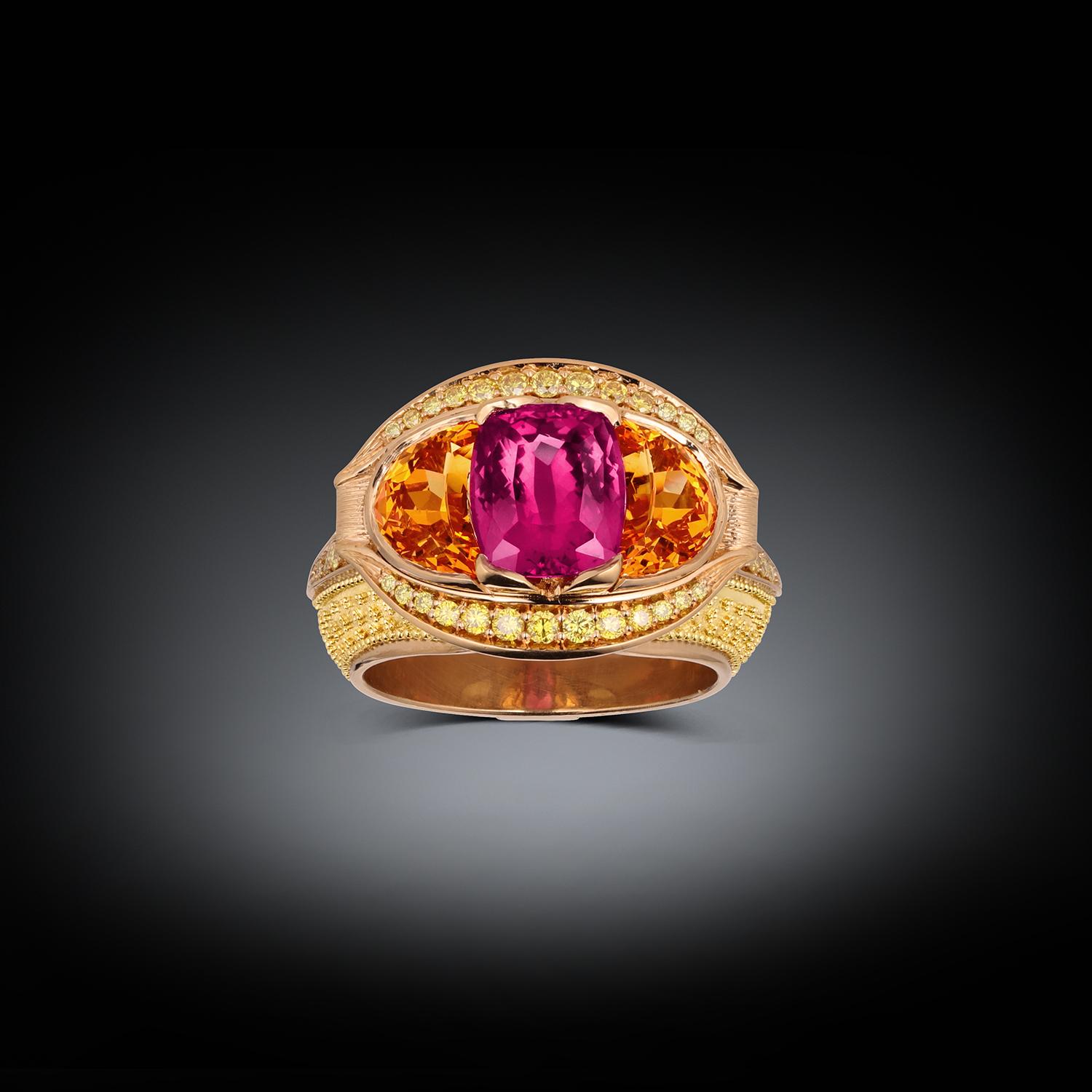 Kent Raible Magenta Sapphire, Yellow Diamond, Spessartite Ring with Granulation For Sale 7