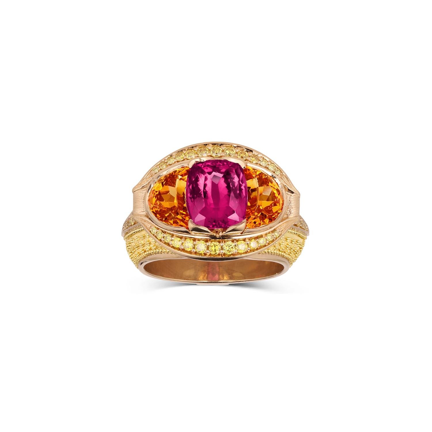 Kent Raible Magenta-Saphir, gelber Diamant, Spessartit-Ring mit Granulation (Kunsthandwerker*in) im Angebot