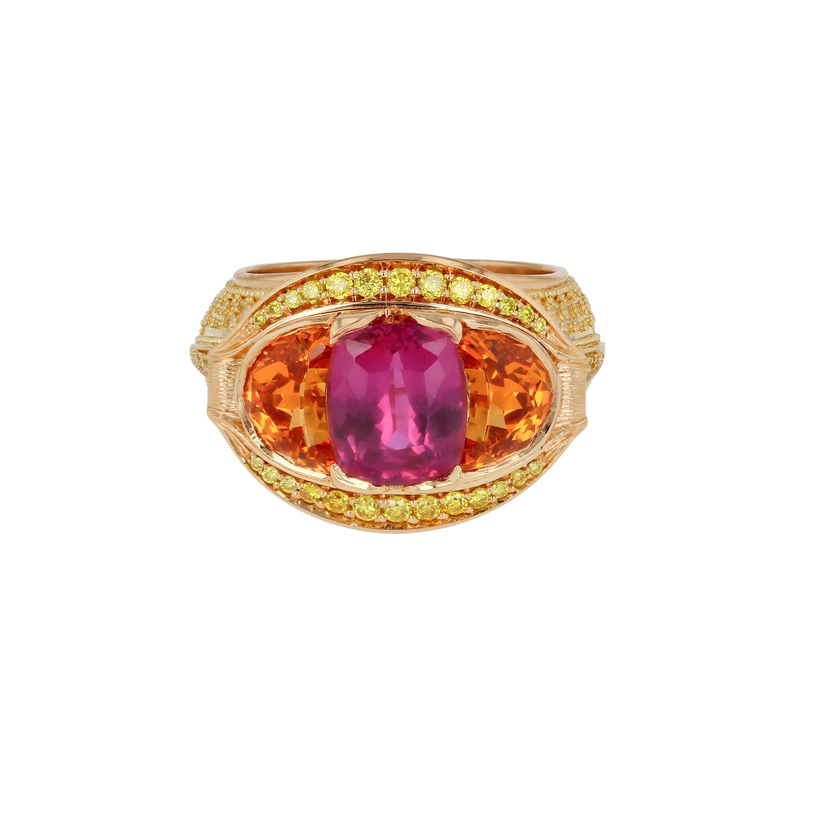Mixed Cut Kent Raible Magenta Sapphire, Yellow Diamond, Spessartite Ring with Granulation For Sale
