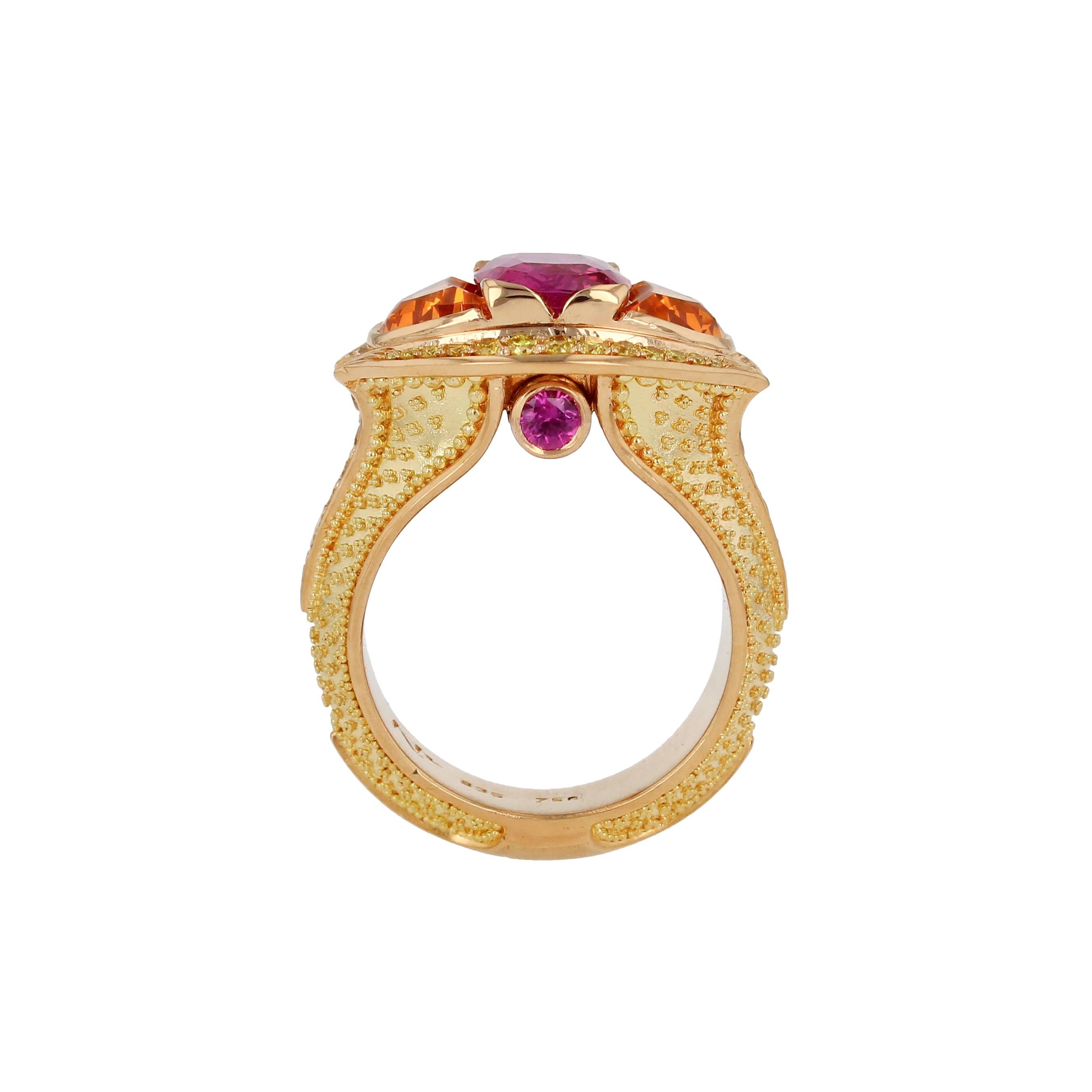 Kent Raible Magenta Sapphire, Yellow Diamond, Spessartite Ring with Granulation In New Condition For Sale In Mossrock, WA