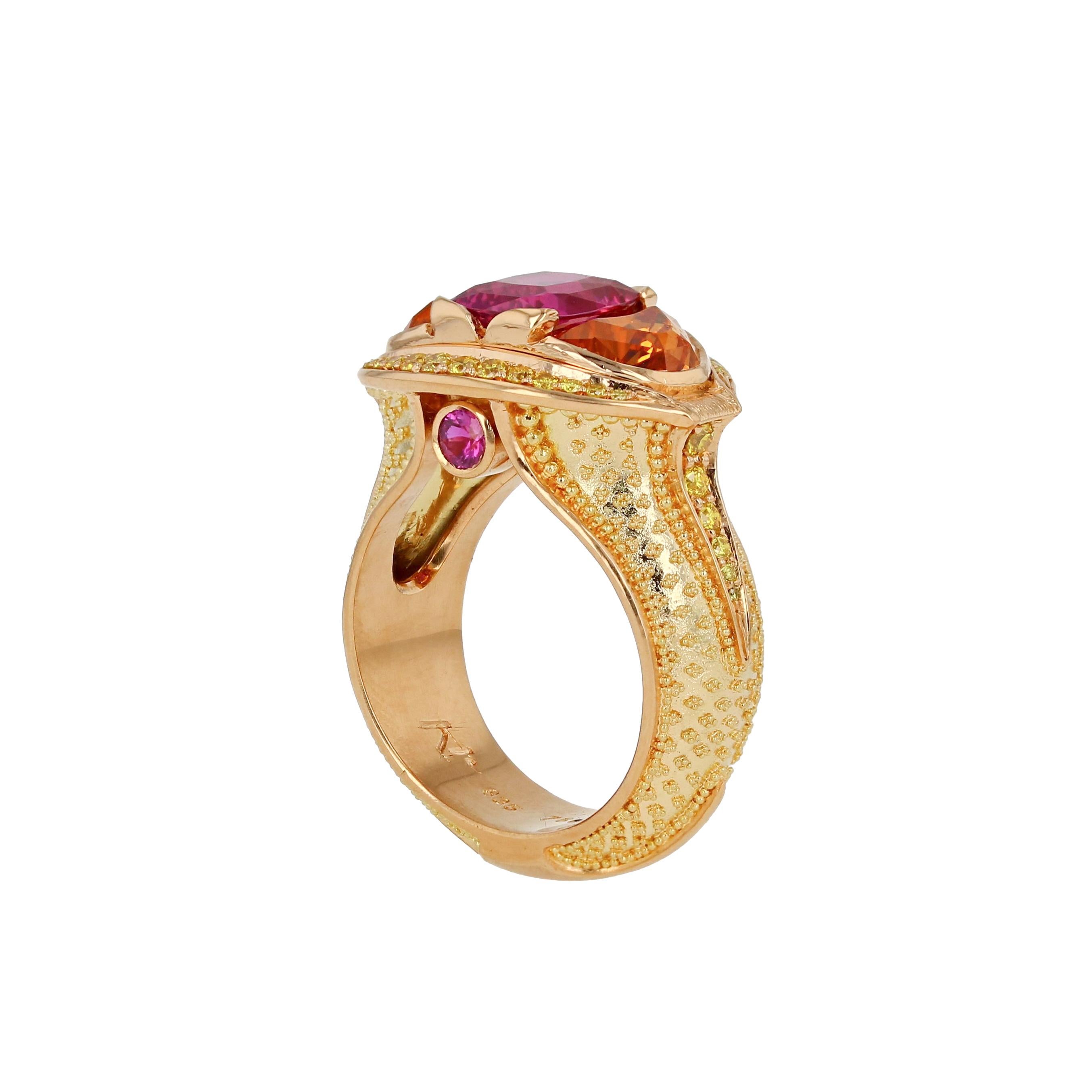 Women's or Men's Kent Raible Magenta Sapphire, Yellow Diamond, Spessartite Ring with Granulation For Sale