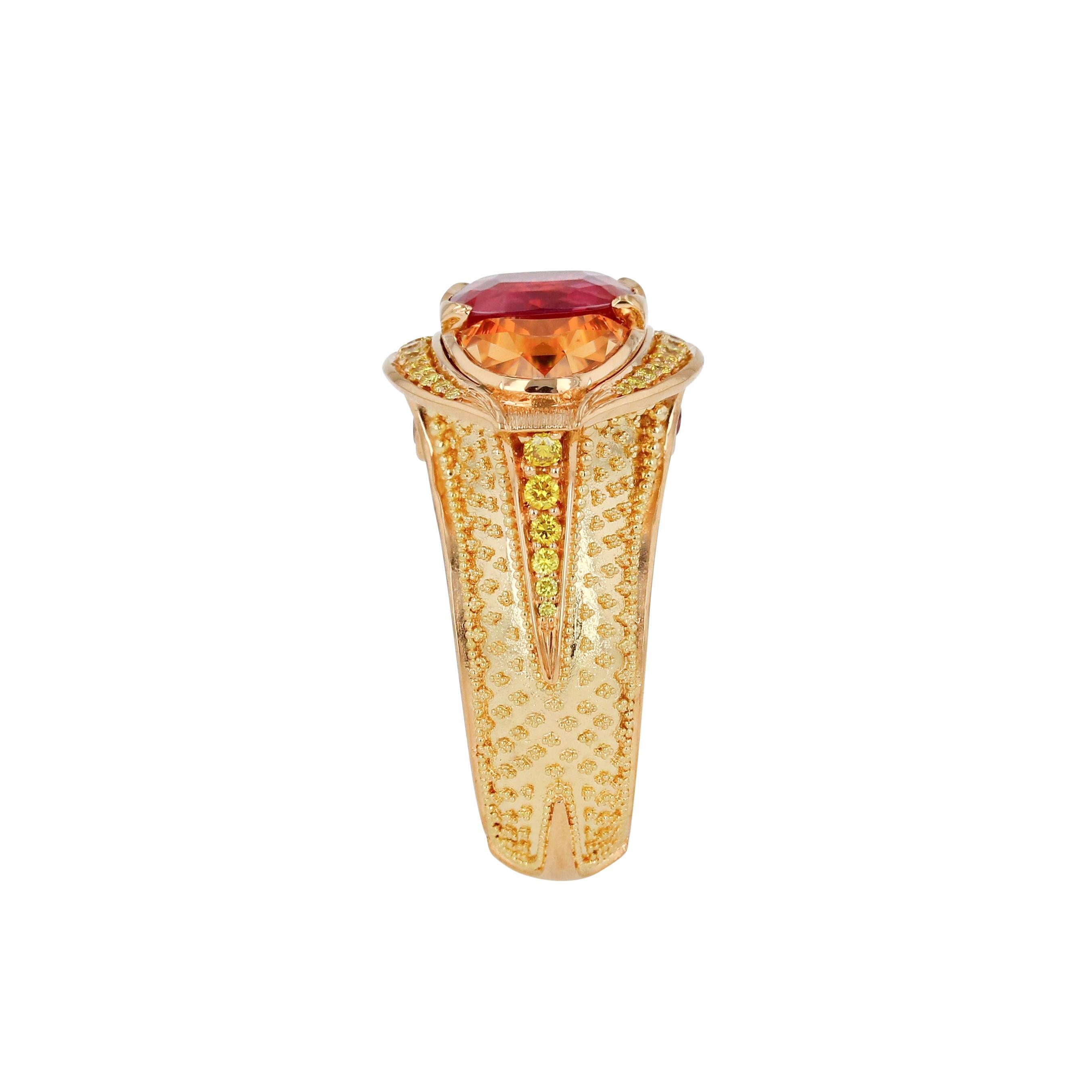 Kent Raible Magenta Sapphire, Yellow Diamond, Spessartite Ring with Granulation For Sale 1