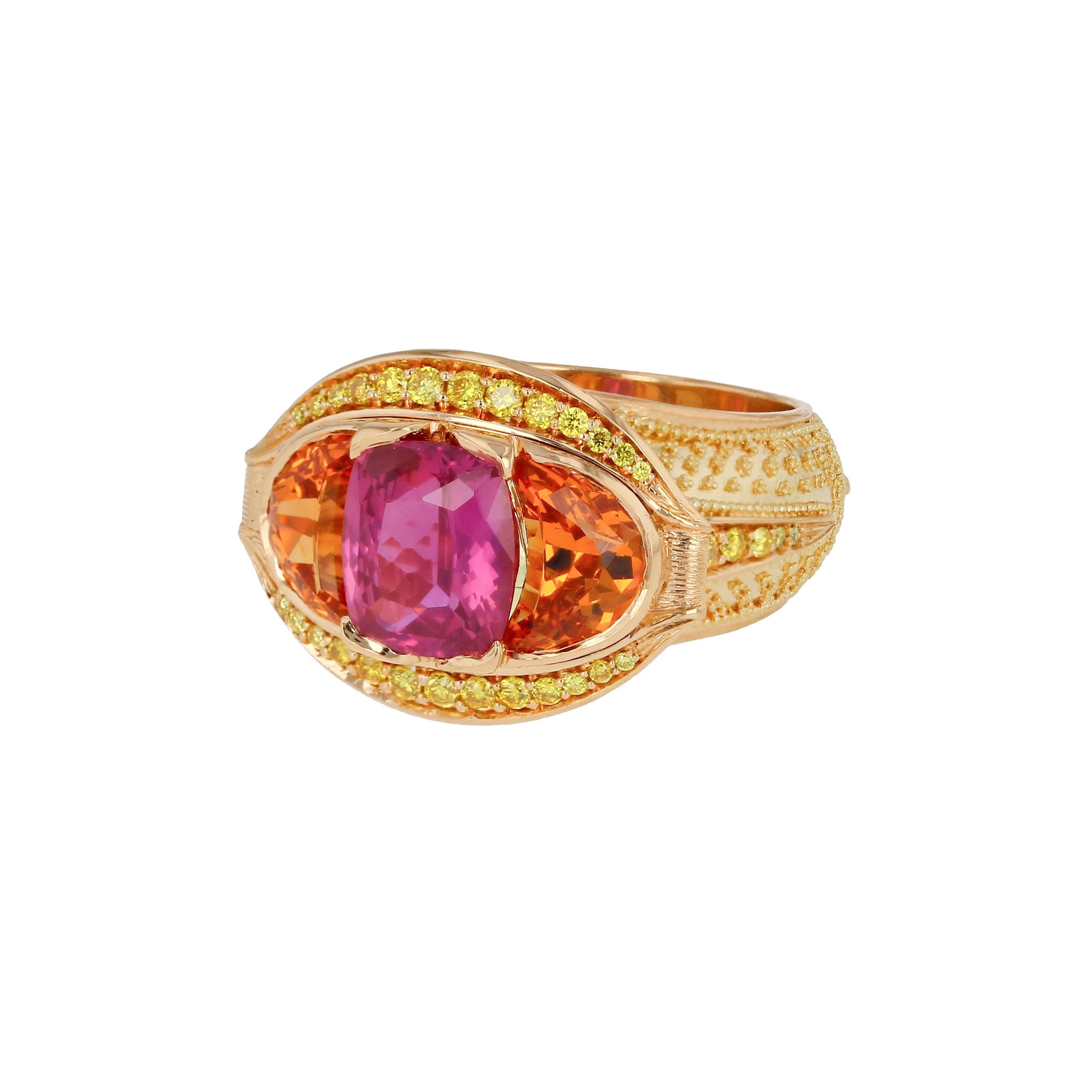 Kent Raible Magenta Sapphire, Yellow Diamond, Spessartite Ring with Granulation For Sale 2