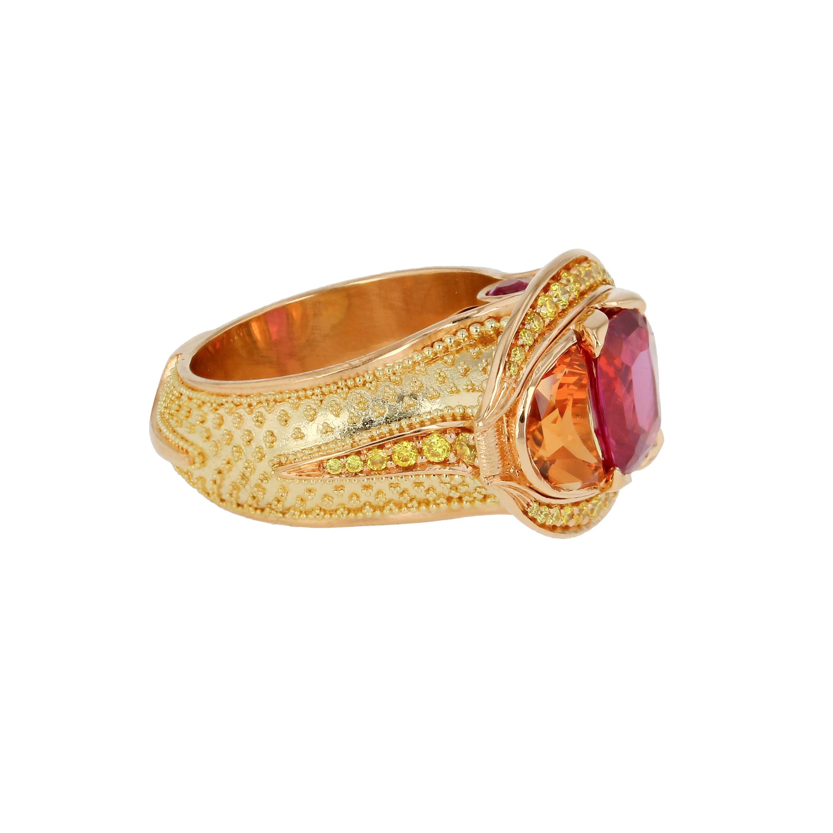 Kent Raible Magenta Sapphire, Yellow Diamond, Spessartite Ring with Granulation For Sale 3