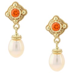 Kent Raible Mandarin Garnet and Peach Pearl Drop Earrings with Fine Granulation