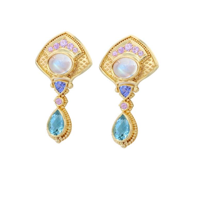 Artisan Kent Raible 'Moon Flower' Multi Gemstone Drop Earrings with Fine Granulation For Sale