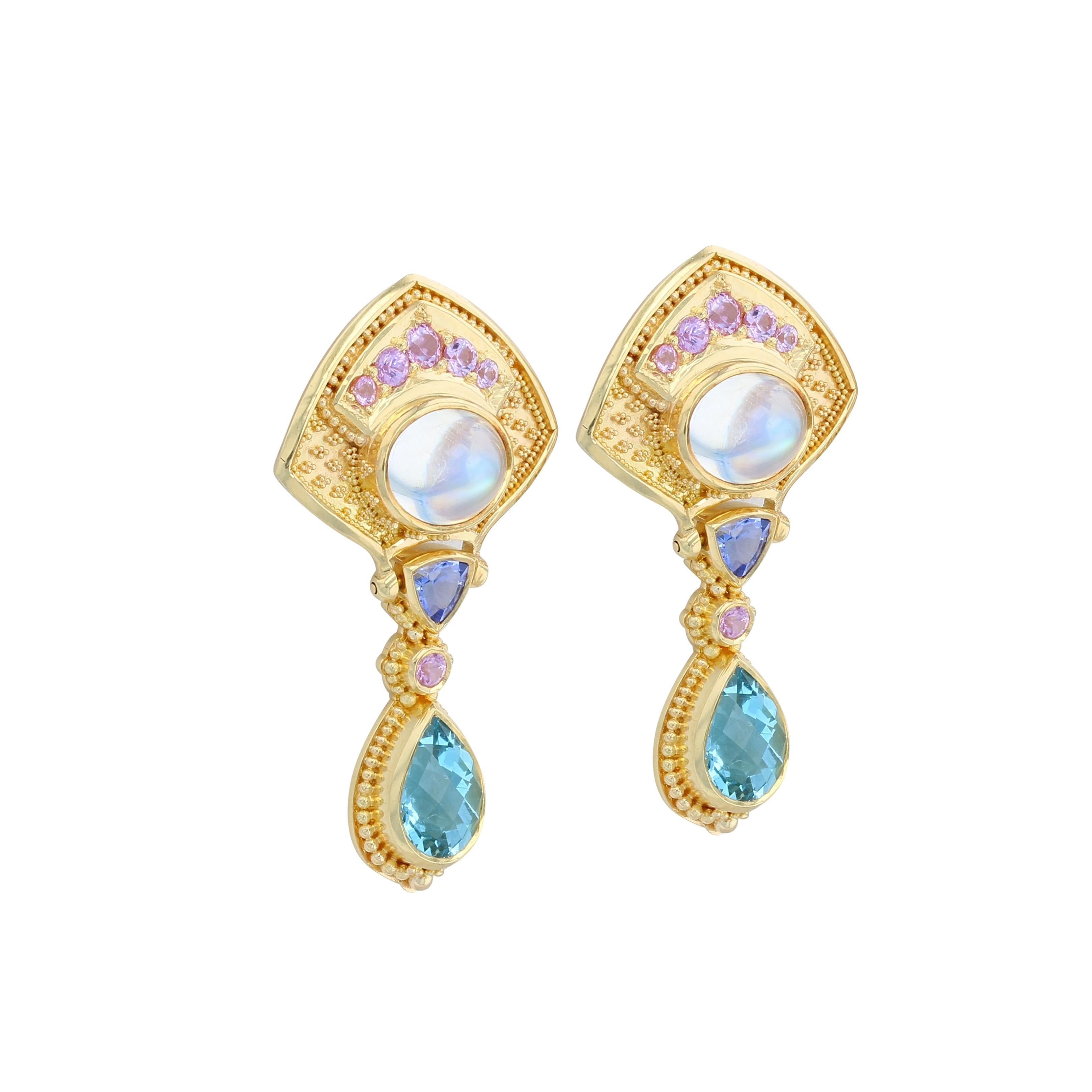 Artisan Kent Raible 'Moon Flower' Multi Gemstone Drop Earrings with Fine Granulation For Sale