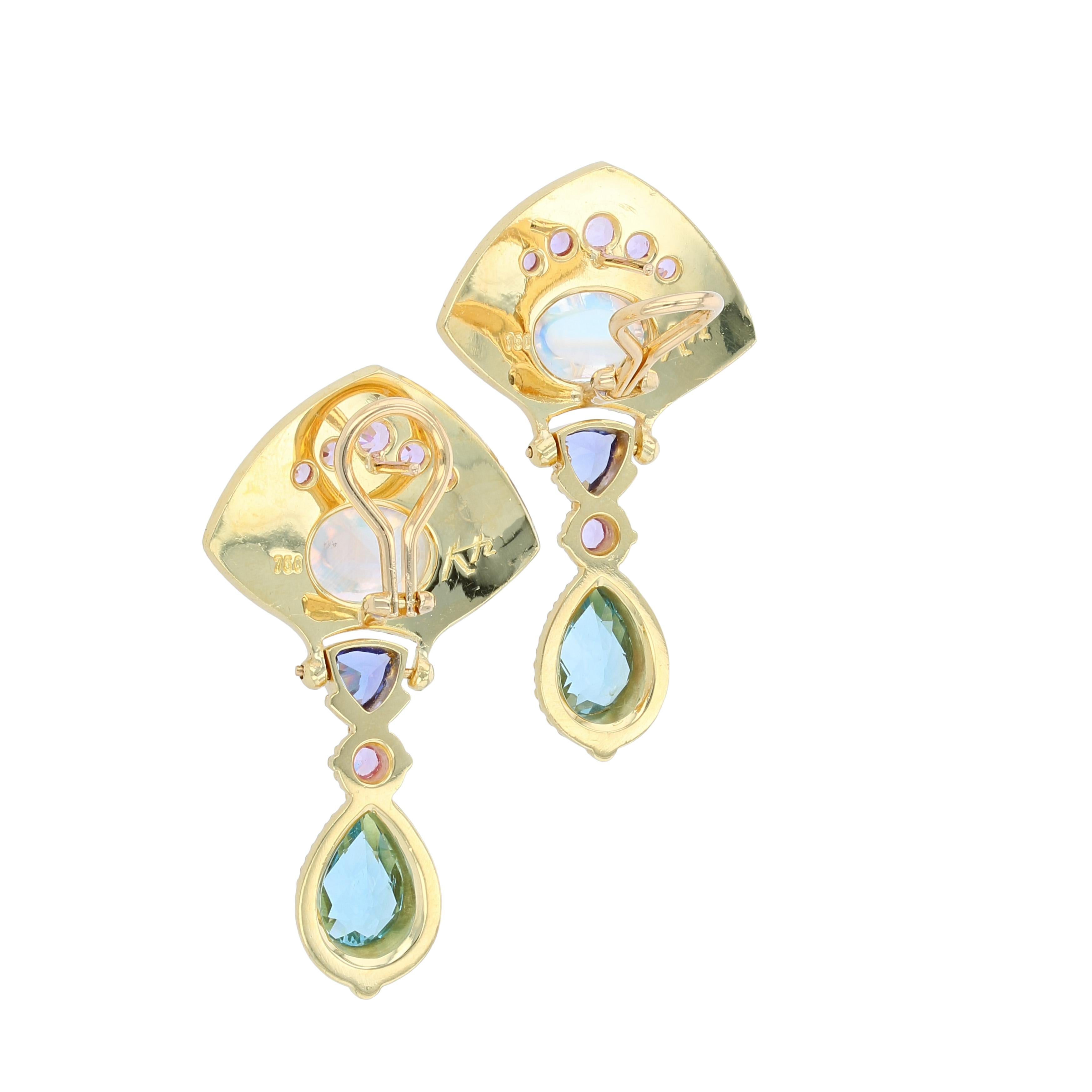 Mixed Cut Kent Raible 'Moon Flower' Multi Gemstone Drop Earrings with Fine Granulation For Sale