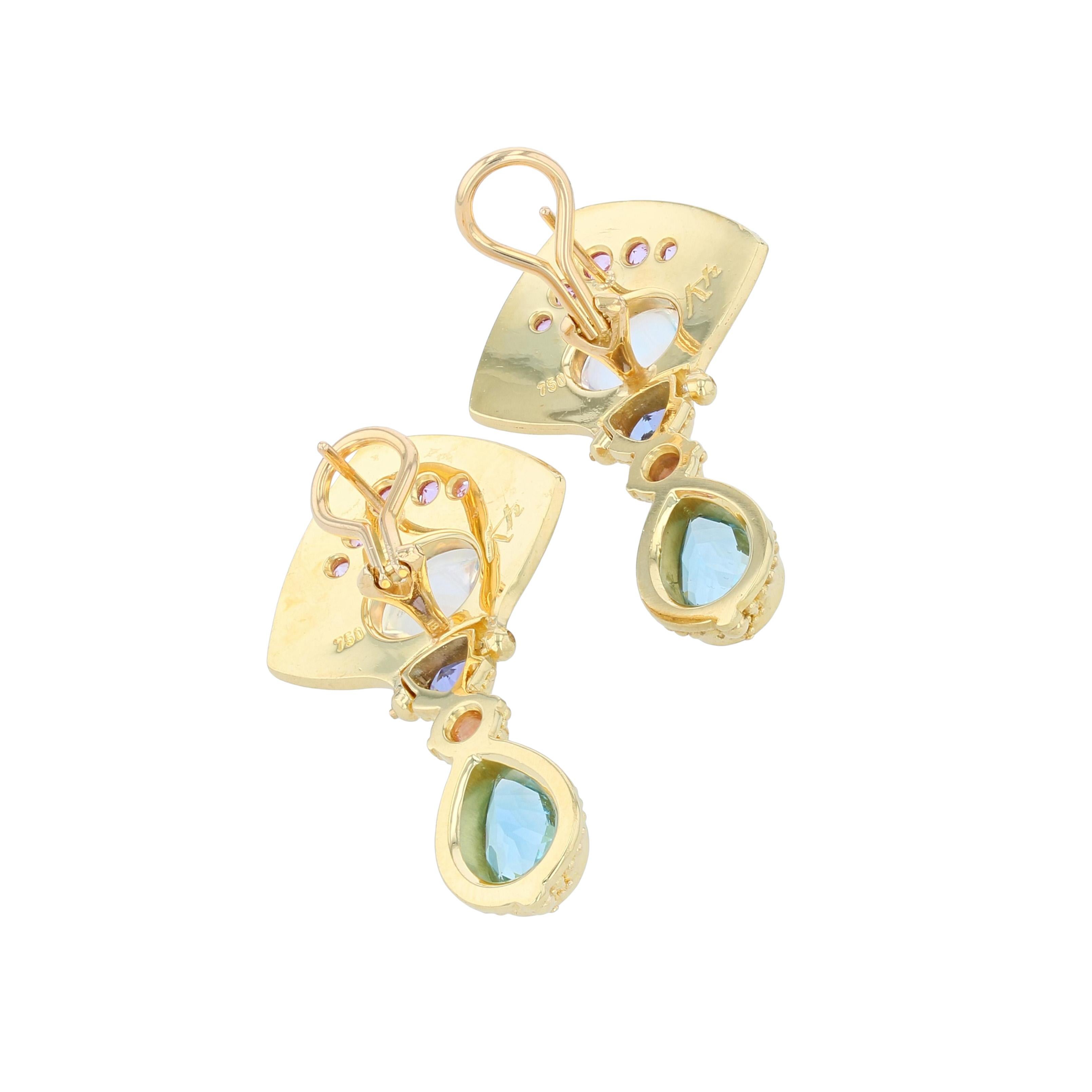 Kent Raible 'Moon Flower' Multi Gemstone Drop Earrings with Fine Granulation In New Condition For Sale In Mossrock, WA