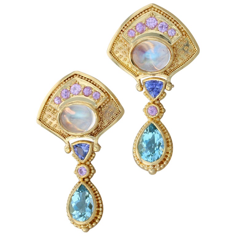 Kent Raible 'Moon Flower' Multi Gemstone Drop Earrings with Fine Granulation For Sale