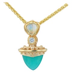 Kent Raible Moonstone, Diamond, Chrysocolla 18 Karat Gold Granulation Pendant