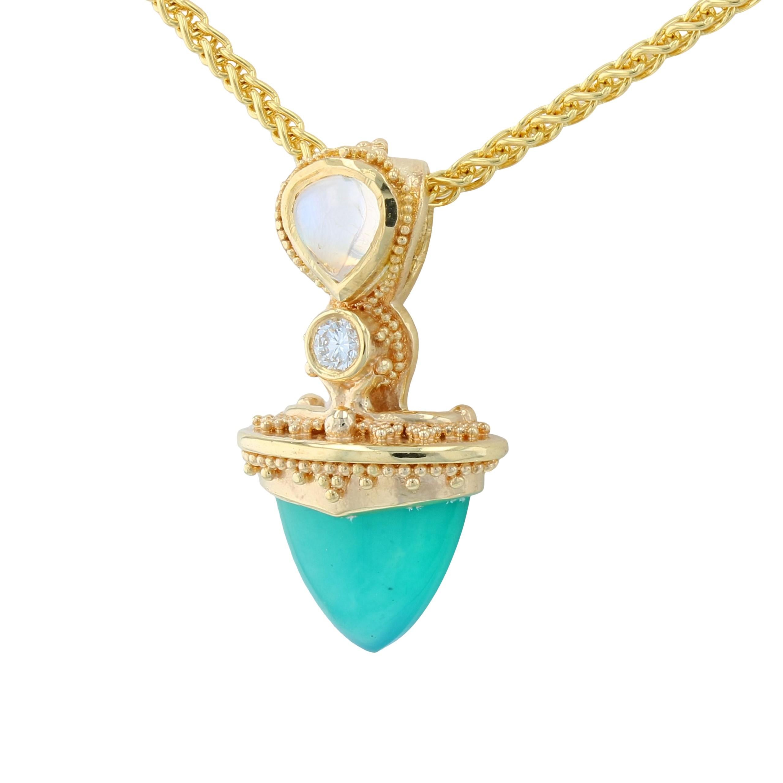 Master goldsmith Kent Raible's one of a kind pieces, made exclusively by his hand, are usually only found in large works in the upper price ranges. This sweet pendant is an exception. Raible has a soft spot for gem quality Chrysocolla, also known as