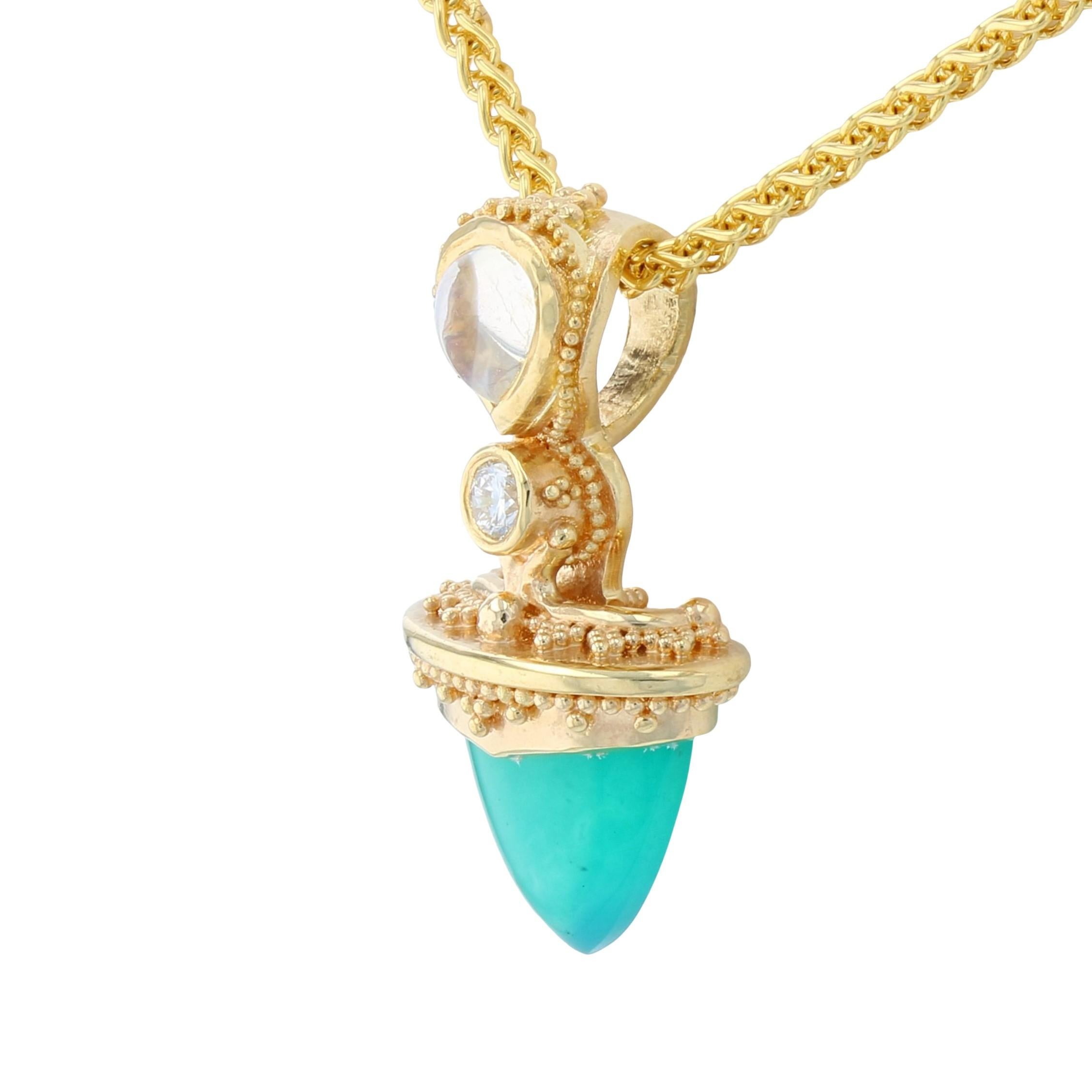 Artisan Kent Raible Moonstone, Diamond, Chrysocolla 18 Karat Gold Granulation Pendant