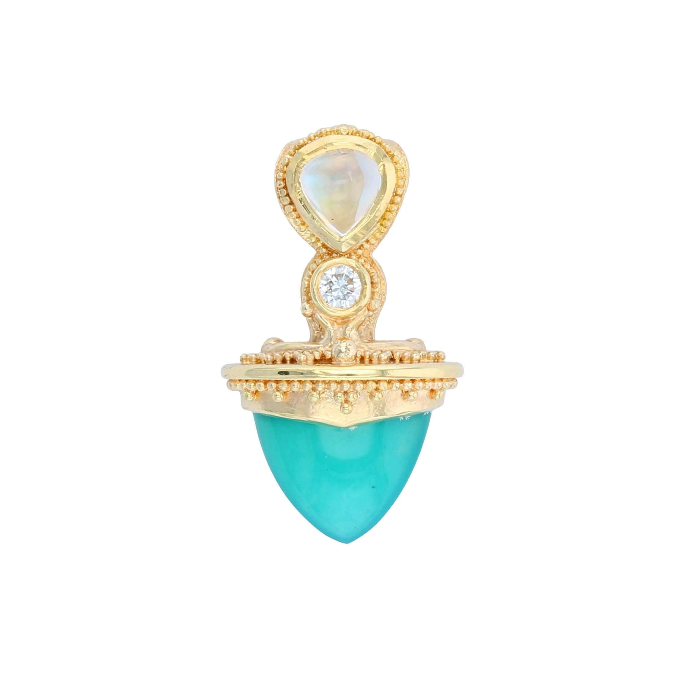 Mixed Cut Kent Raible Moonstone, Diamond, Chrysocolla 18 Karat Gold Granulation Pendant