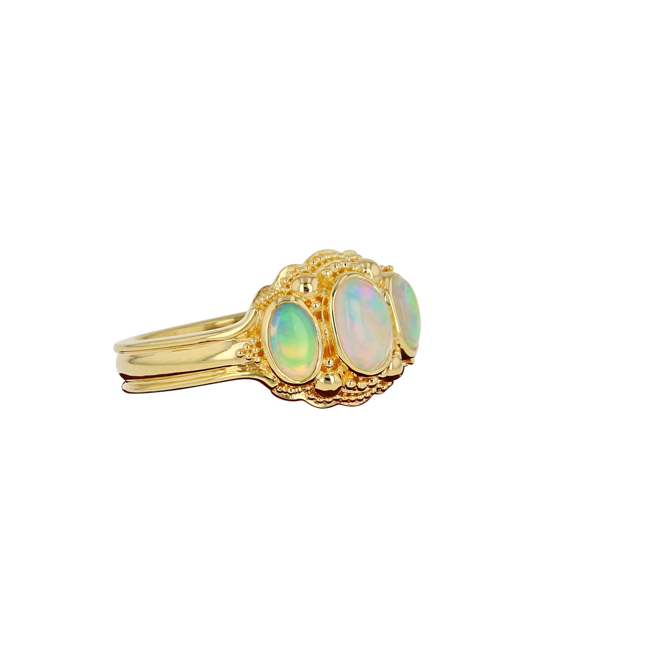 Oval Cut Kent Raible Opal Three-Stone Ring with Fine 18k Gold Granulation