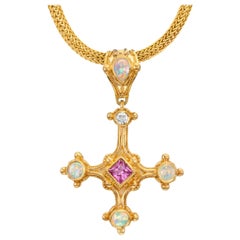 Kent Raible Pink Sapphire Cross Pendant, Opal, Diamond on 17" hand woven chain