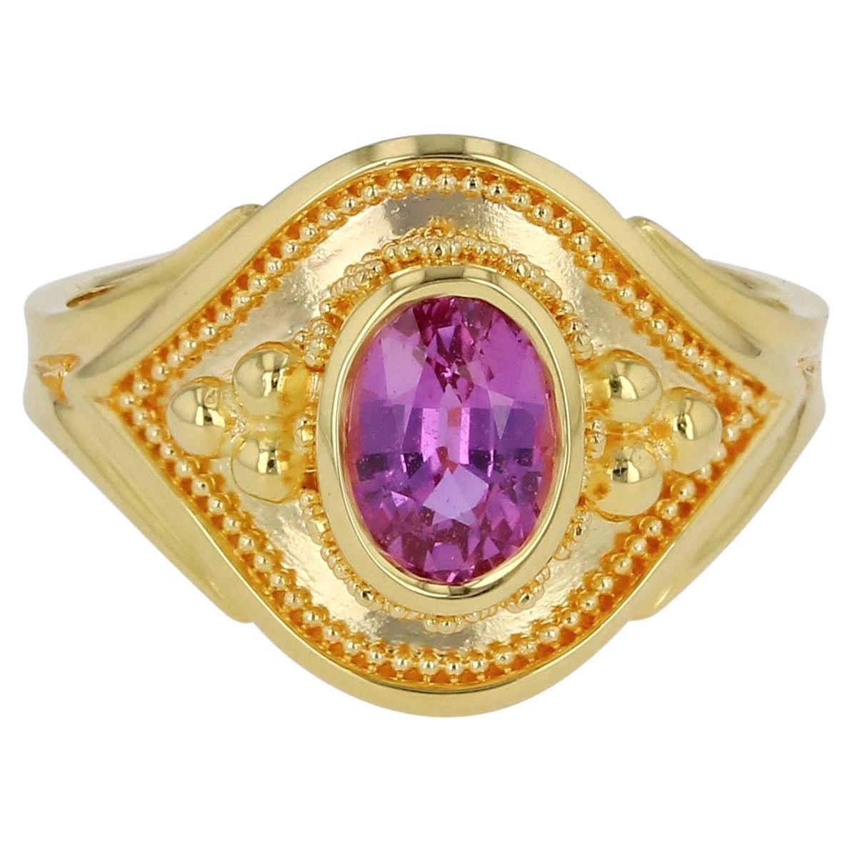 Kent Raible Pink Sapphire Solitaire Ring with 18 Karat Gold Fine Granulation For Sale