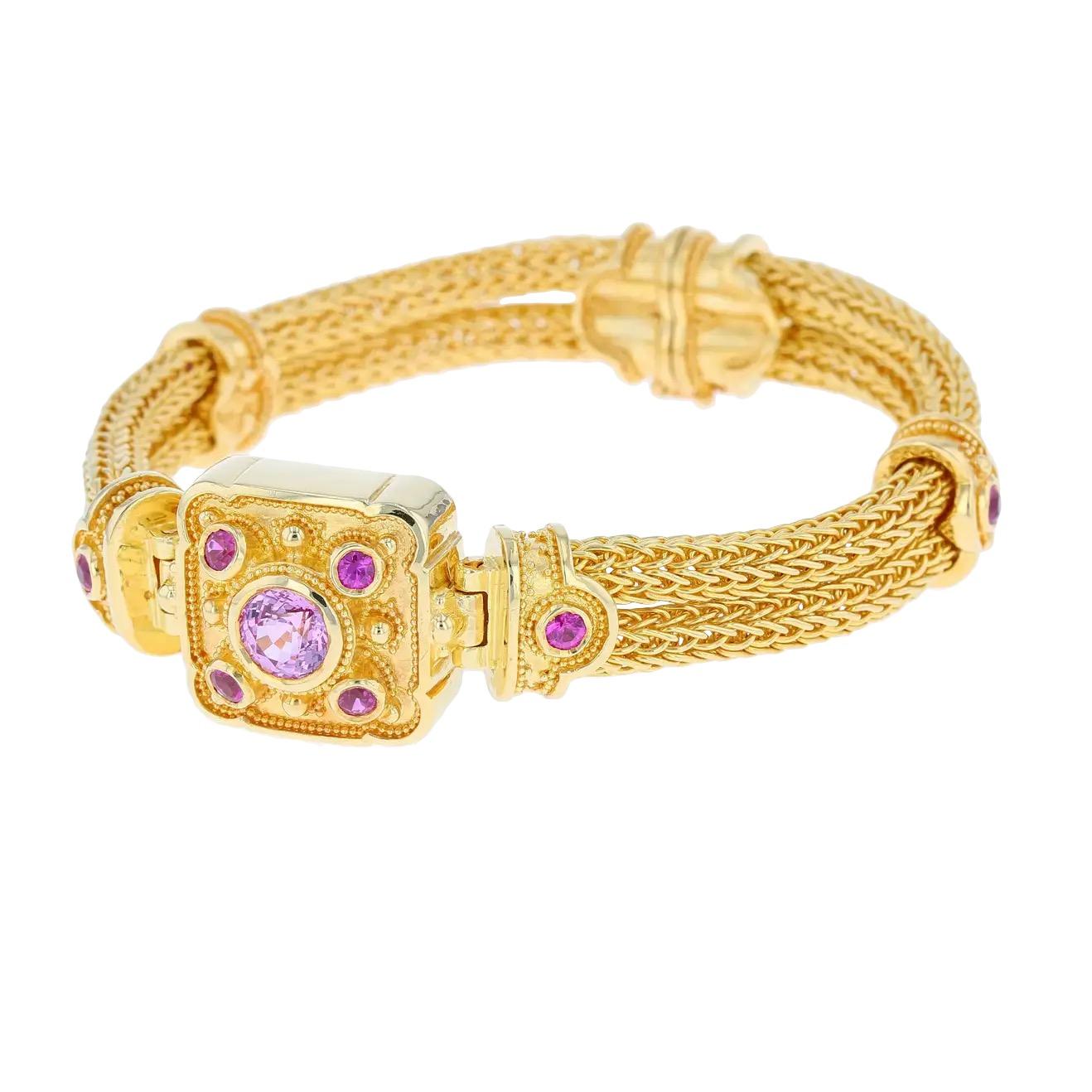 Kent Raible Rosa Saphir gewebtes Kettenarmband mit feiner Granulation (Zeitgenössisch) im Angebot