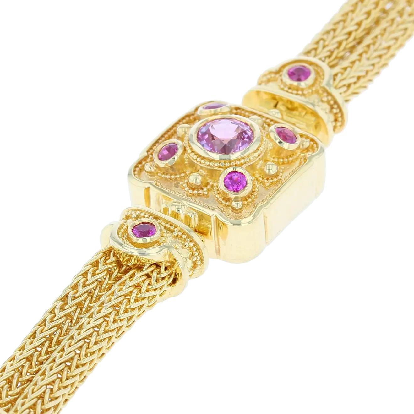 Kent Raible Pink Sapphire Woven Chain Bracelet with Fine Granulation In New Condition For Sale In Mossrock, WA