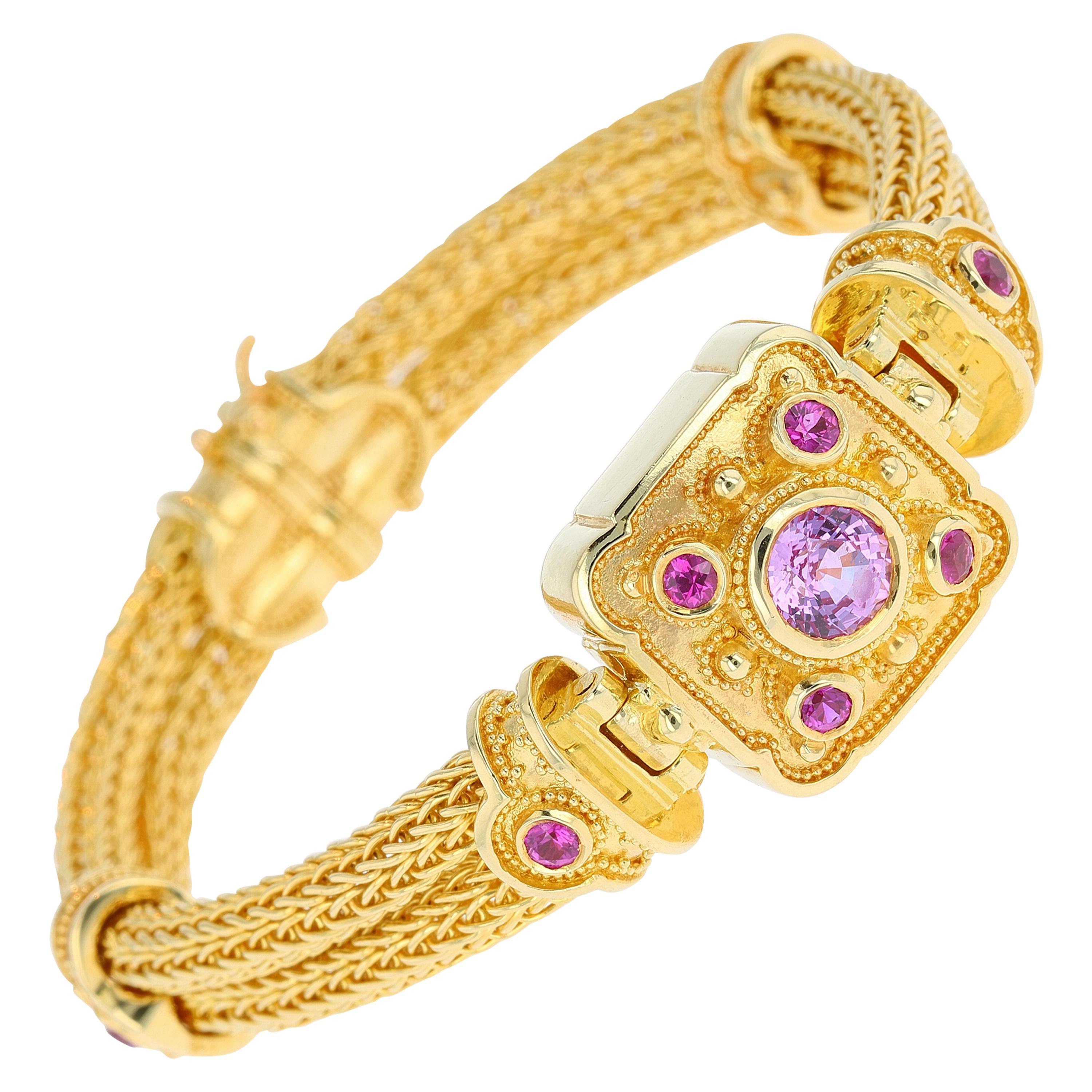 Kent Raible Pink Sapphire Woven Chain Bracelet with Fine Granulation